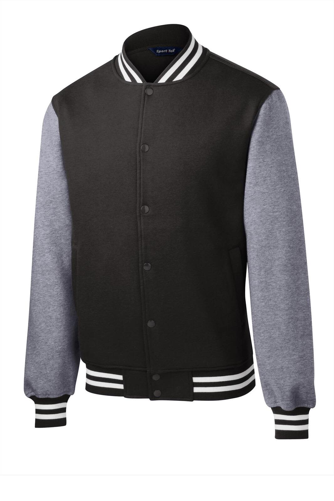 A black and grey Sport-Tek fleece letterman jacket with a branded logo and striped cuffs and collar.