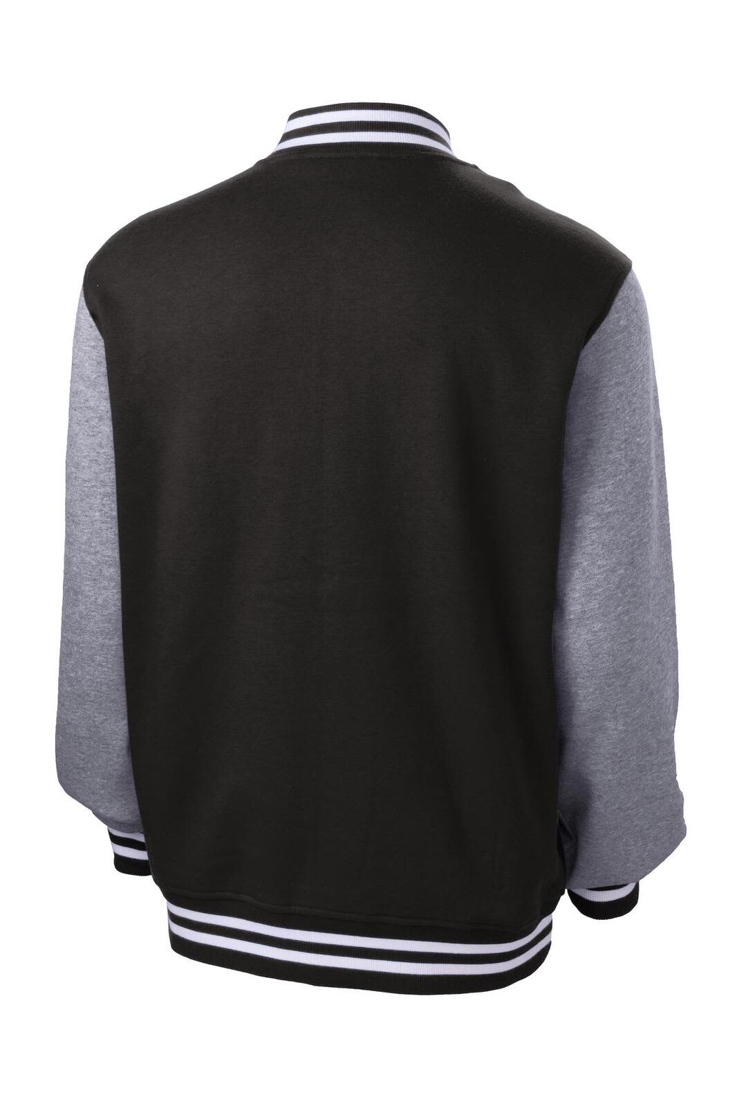 A varsity jacket featuring a black body and grey sleeves, with striped ribbed cuffs and collar. It has a logo on the front.