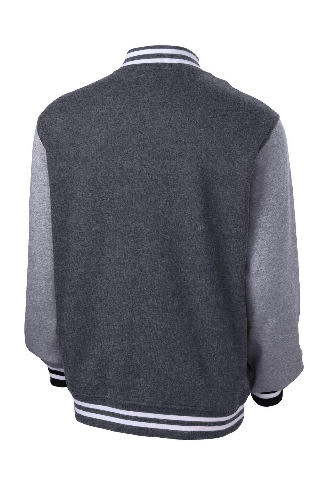 A grey and black Sport-Tek Fleece Letterman Jacket with a varsity style and a logo on the back.