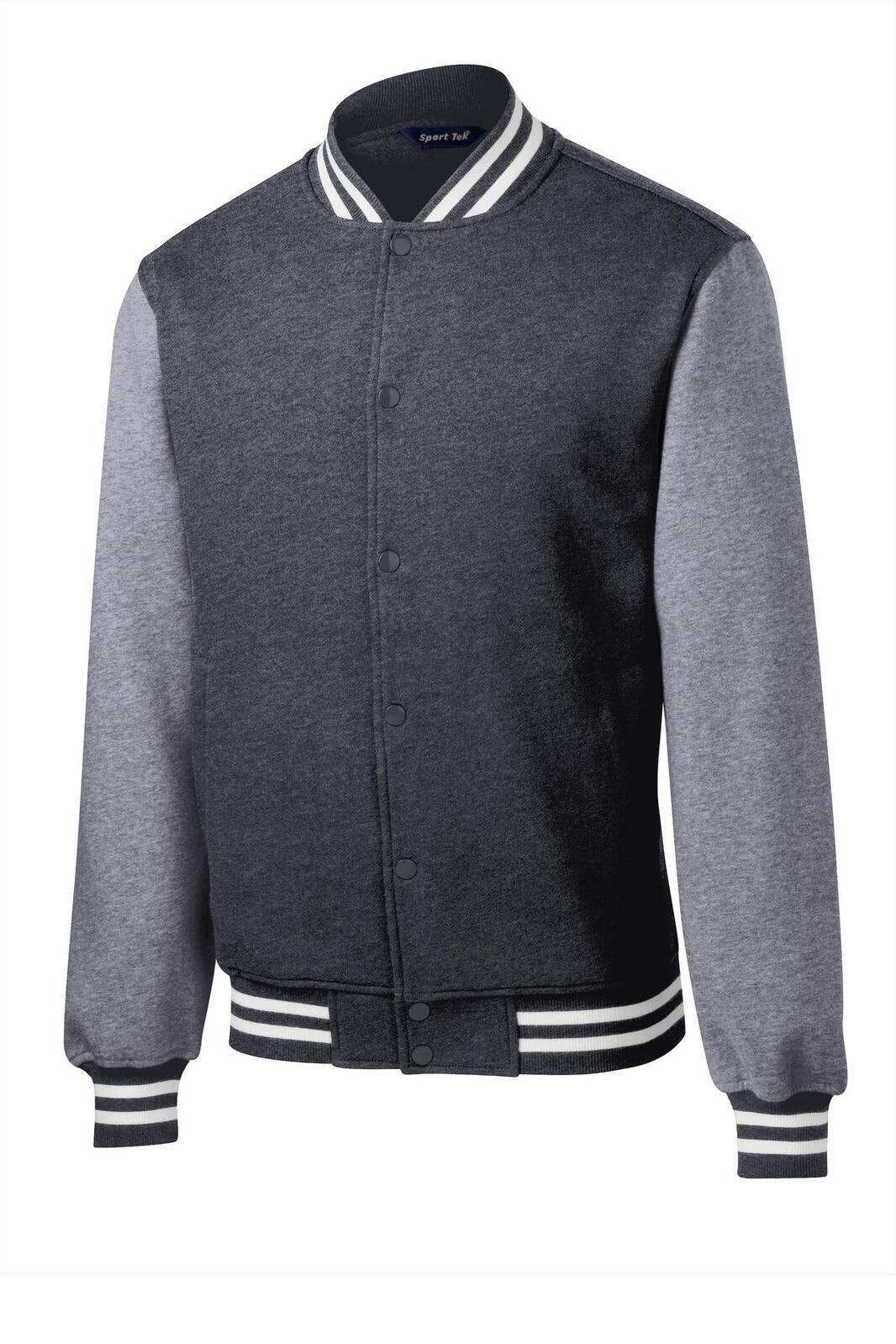 A grey and black Sport-Tek Fleece Letterman Jacket with striped ribbed collar and cuffs, featuring a logo.