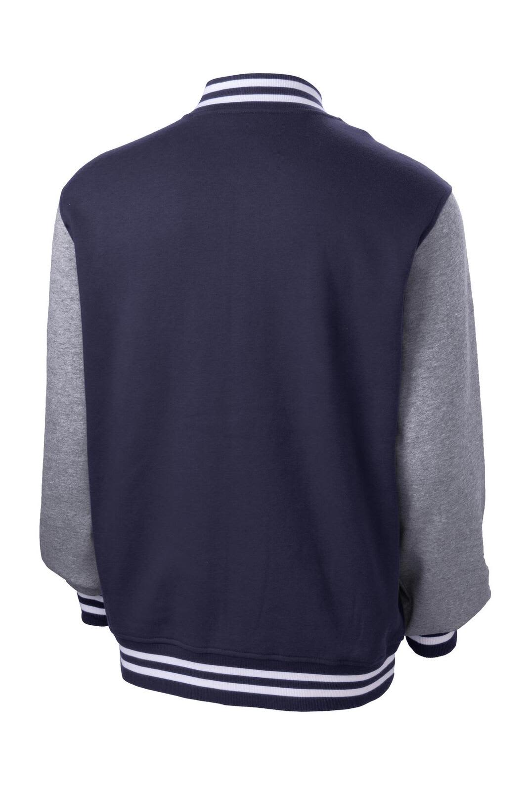A navy and grey Sport-Tek Fleece Letterman Jacket with a striped collar and cuffs. Features a logo on the chest.