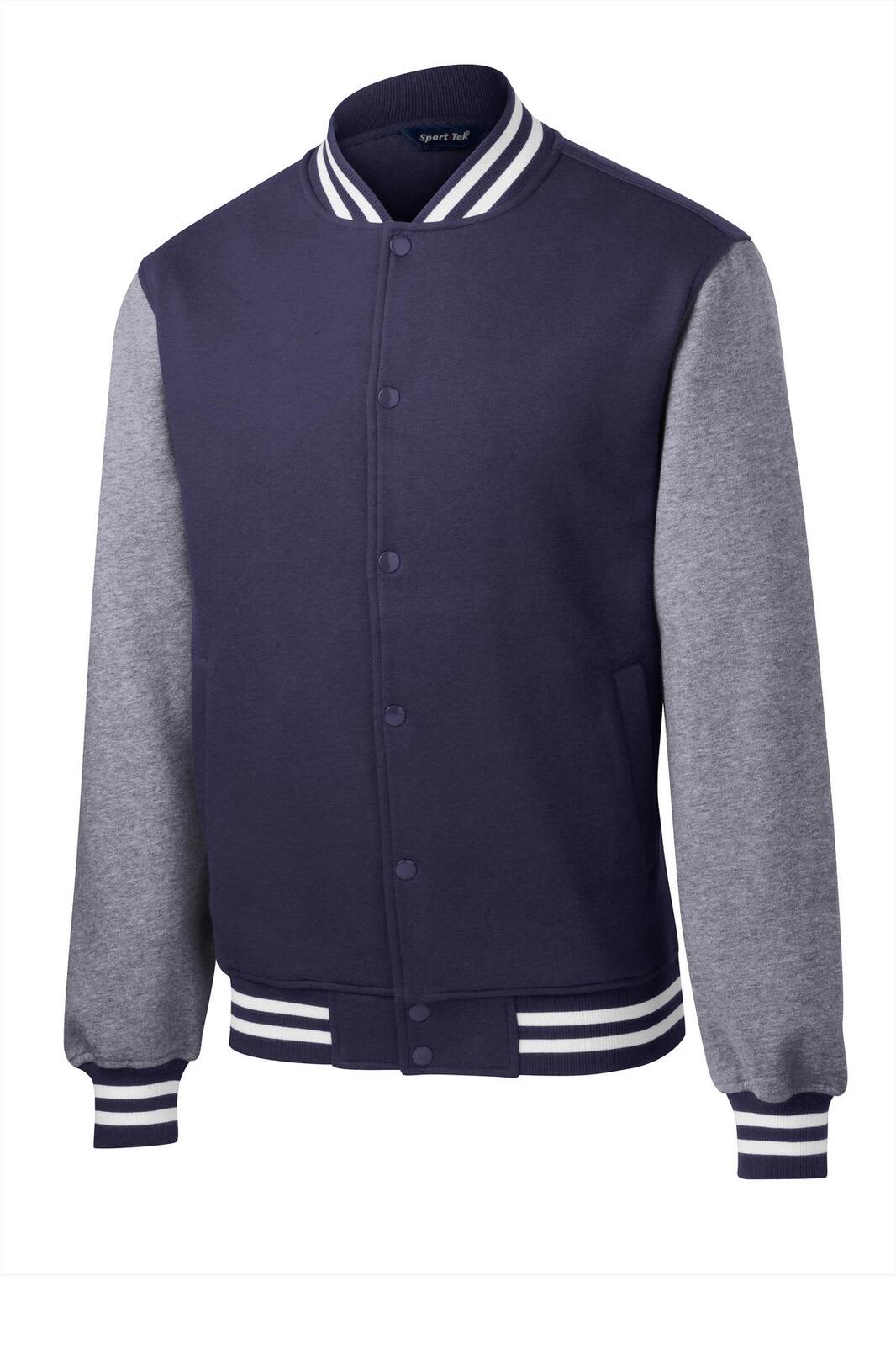 A navy blue and grey Sport-Tek fleece letterman jacket with a branded logo and contrasting striped details.