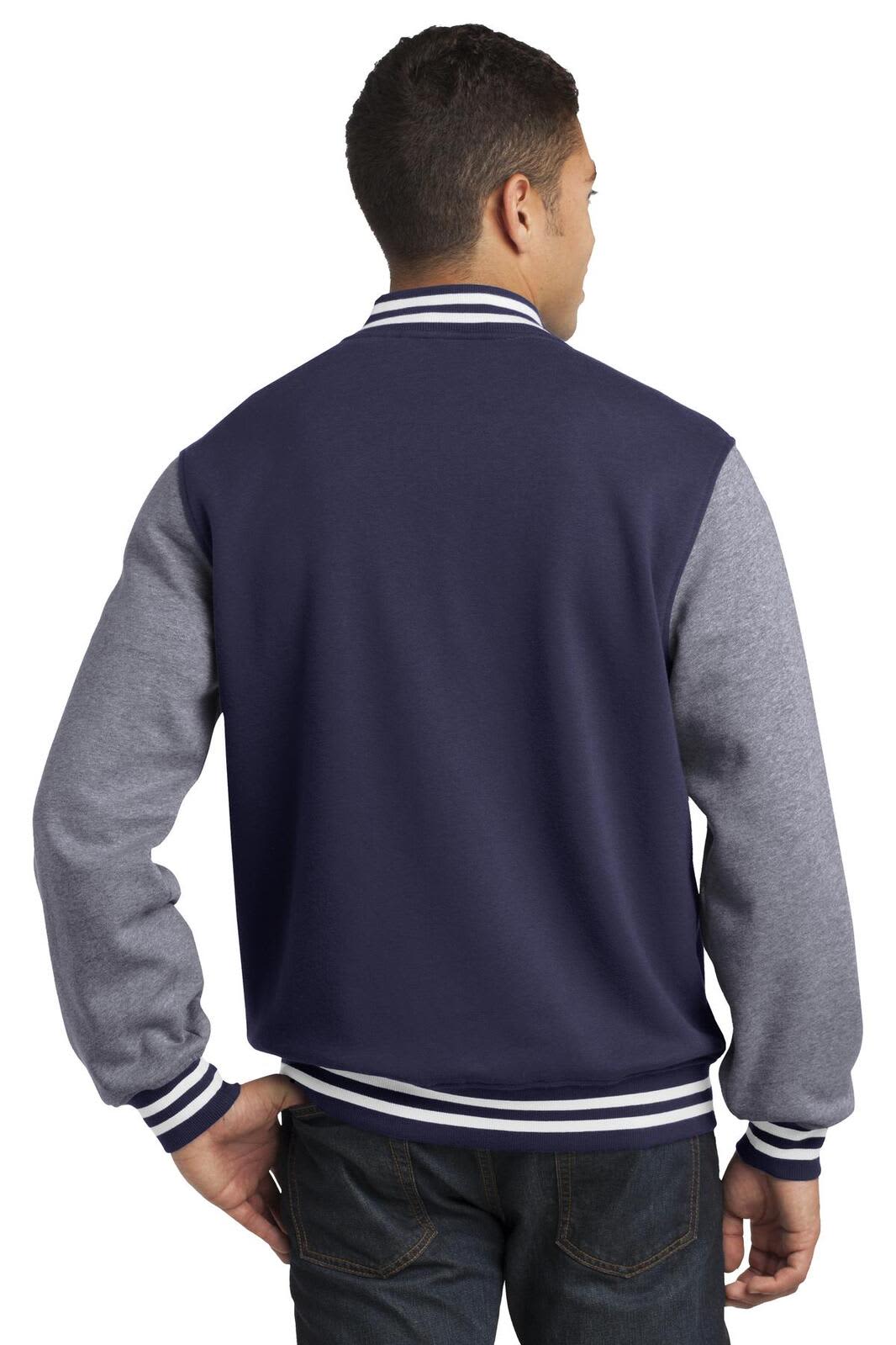 A navy and grey Sport-Tek Fleece Letterman Jacket with a logo, viewed from the back.