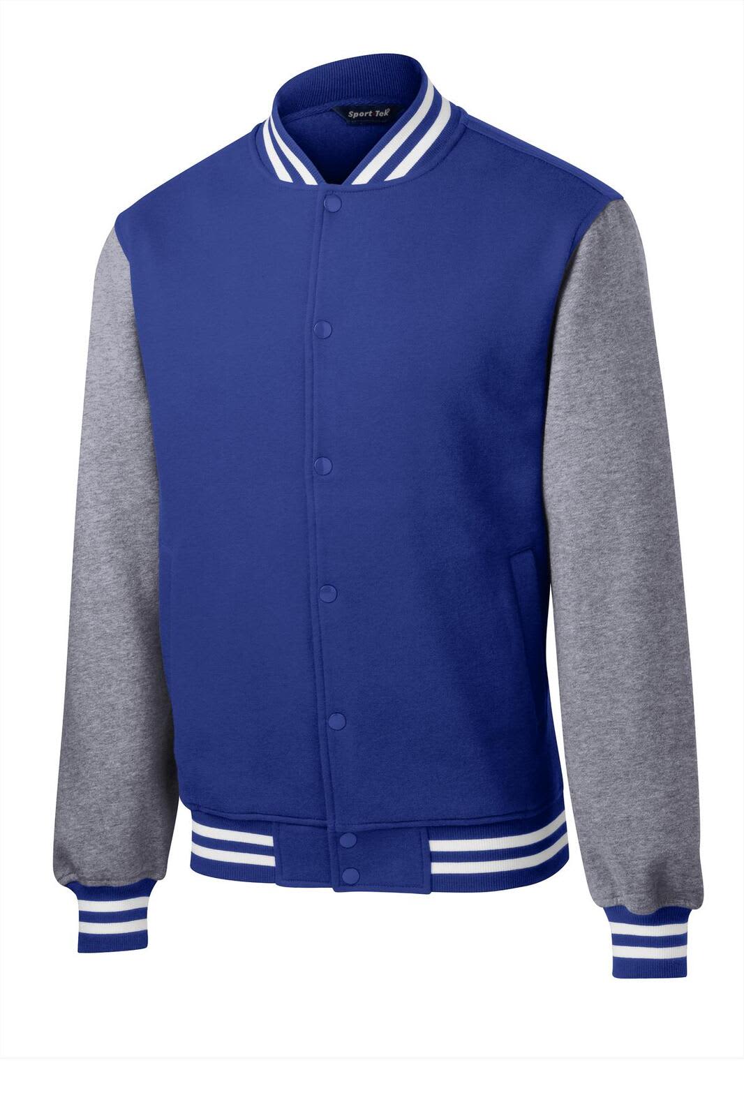 A blue and grey Sport-Tek fleece Letterman jacket with a branded logo and striped cuffs.