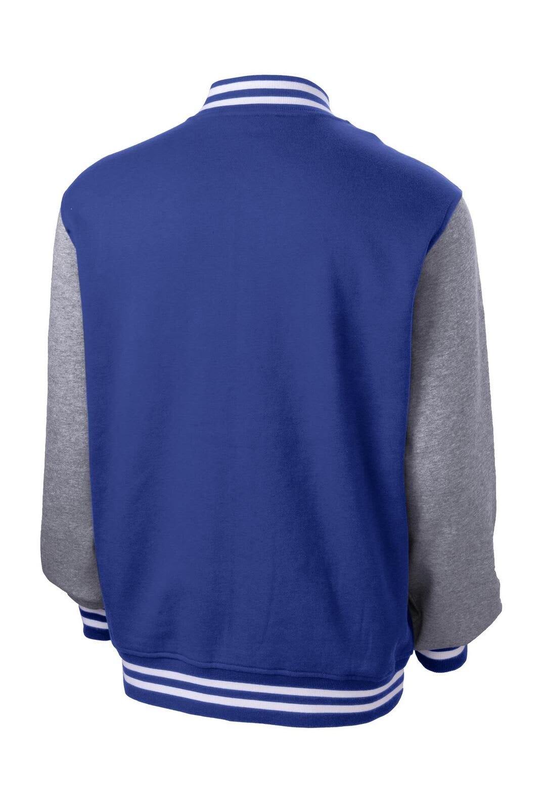 A blue and grey Sport-Tek fleece letterman jacket with striped ribbed collar and cuffs, featuring a logo.
