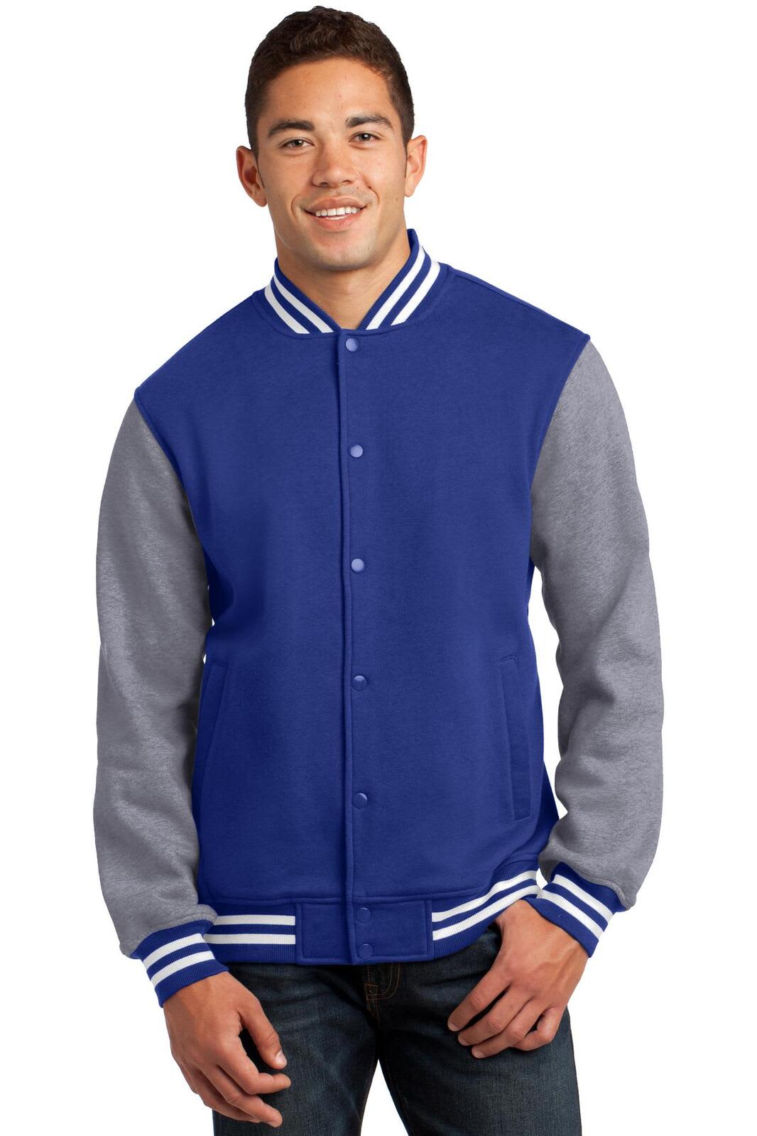 A blue and grey Sport-Tek fleece letterman jacket with a button-up front and striped collar. Features a logo on the chest.