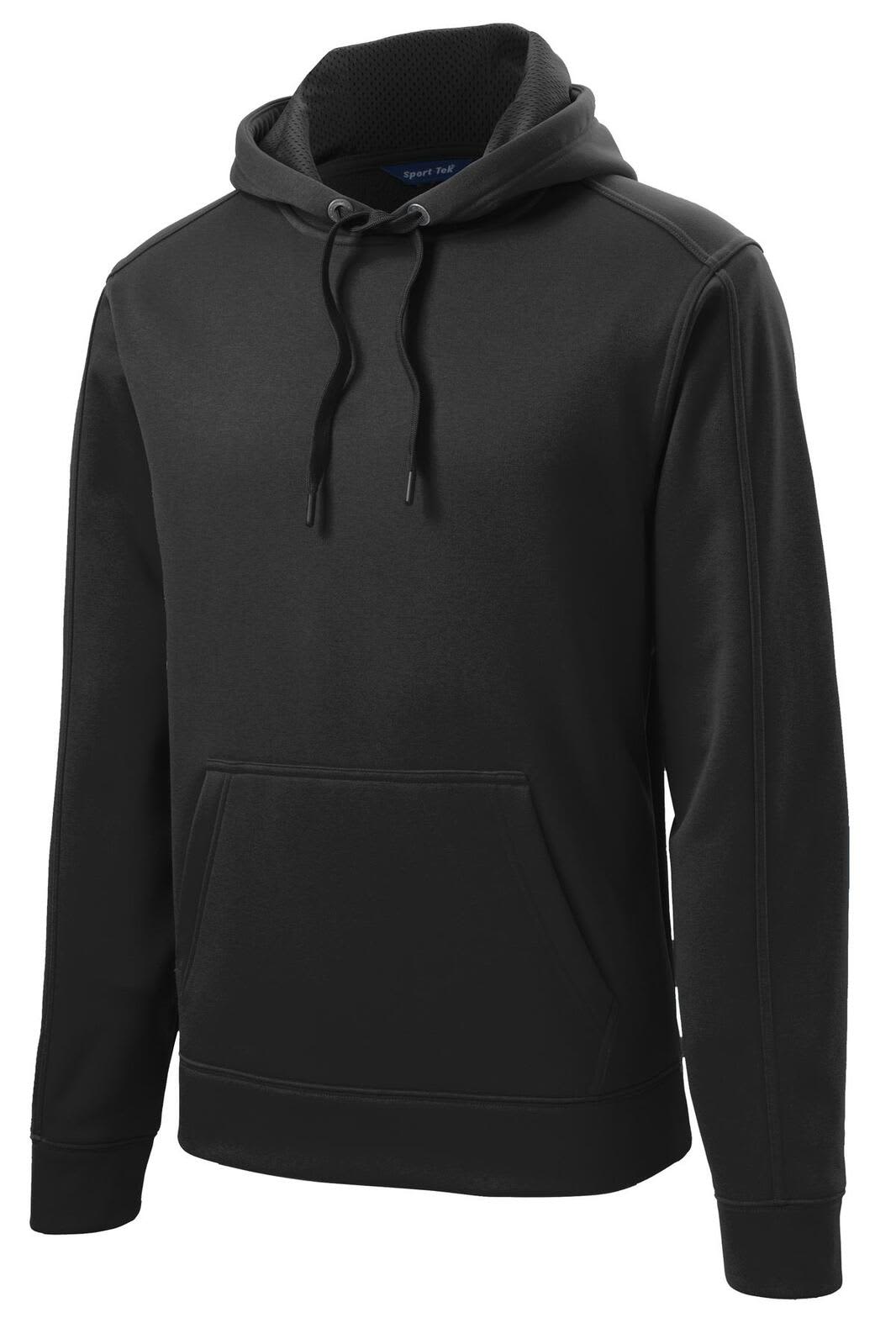 A black hooded pullover with a front pocket, featuring a logo and drawstring hood. Ideal for casual wear.