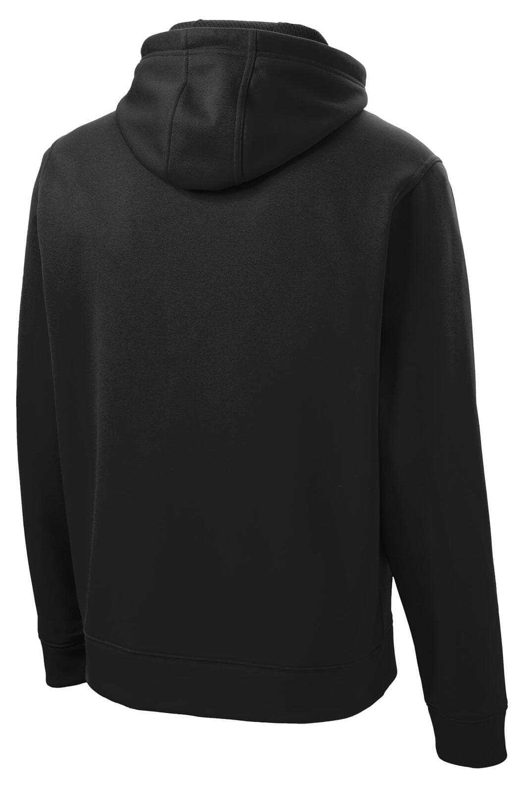 A black Sport-Tek Repel fleece hooded pullover, featuring a logo and a classic design.