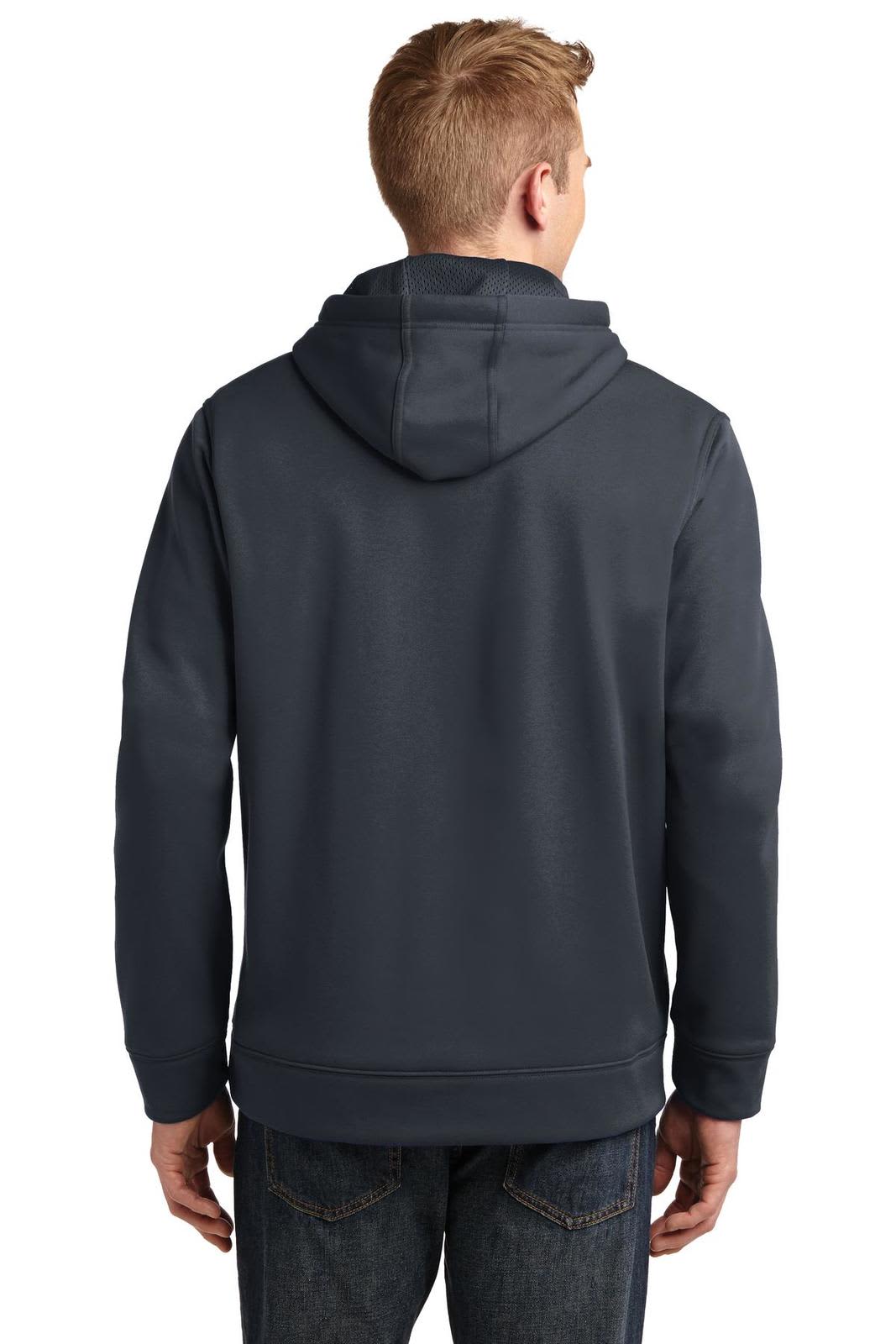 A navy hooded pullover with a back view, featuring a hood and a logo.