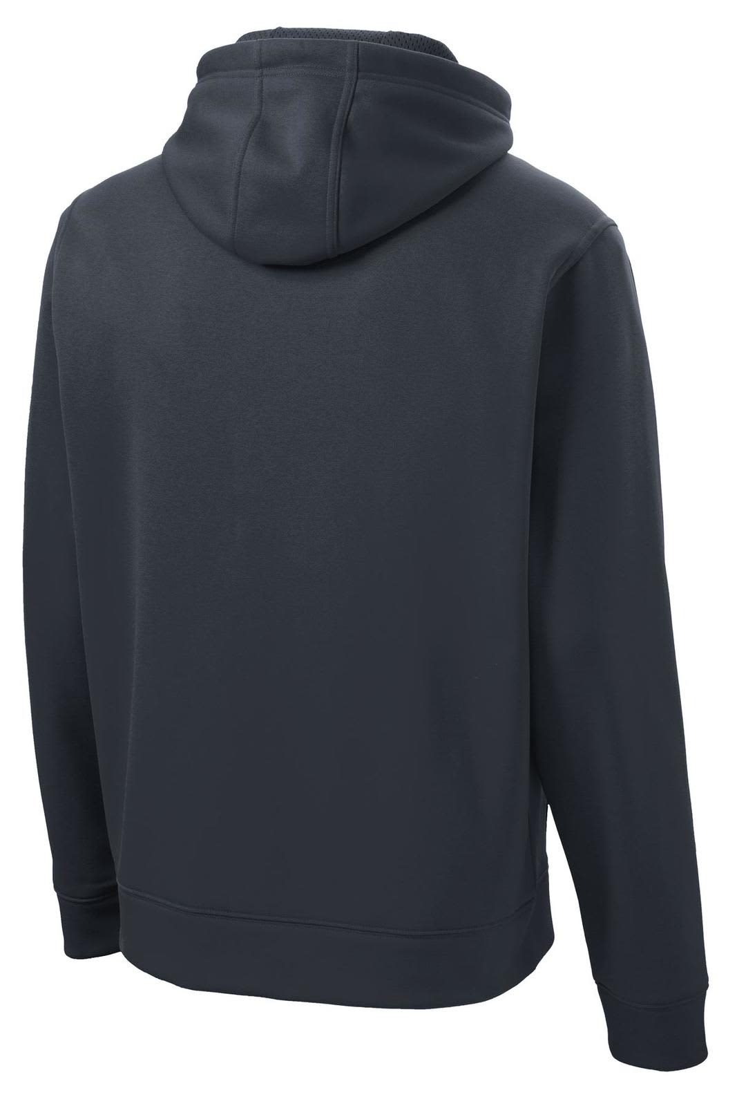 A dark fleece hooded pullover featuring a back view, designed for comfort with a subtle logo.