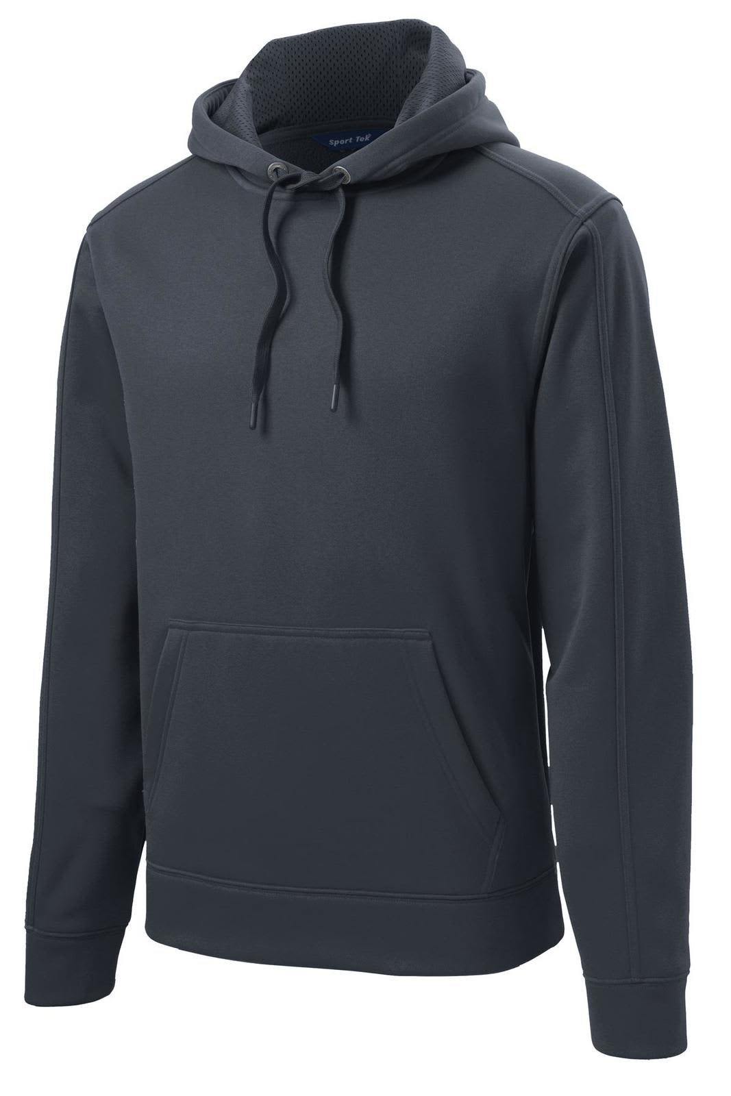 A dark grey hoodie with a front pocket and adjustable drawstring hood, featuring a logo.