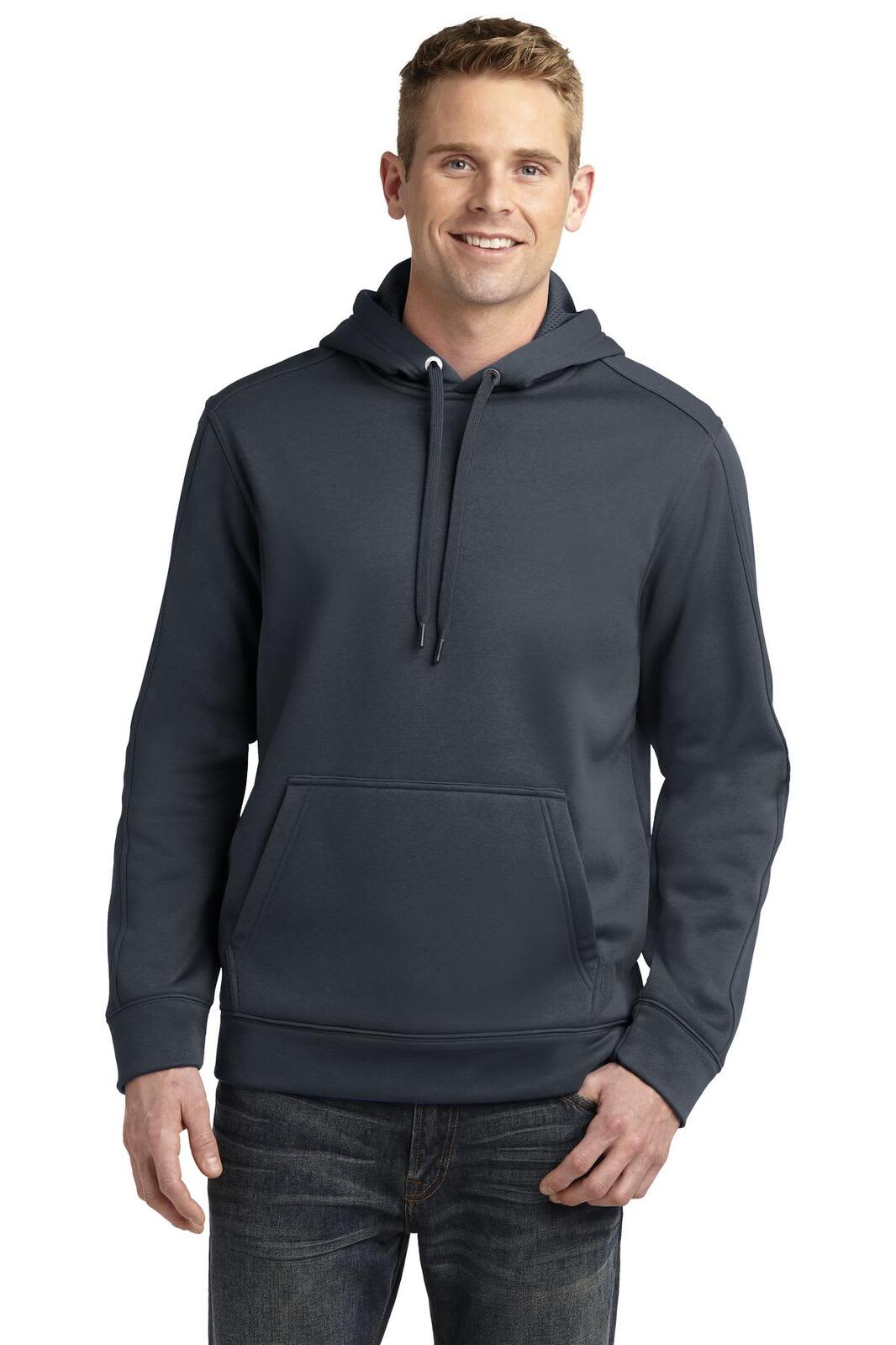 A dark grey hooded pullover with a front pocket, featuring a logo on the chest.
