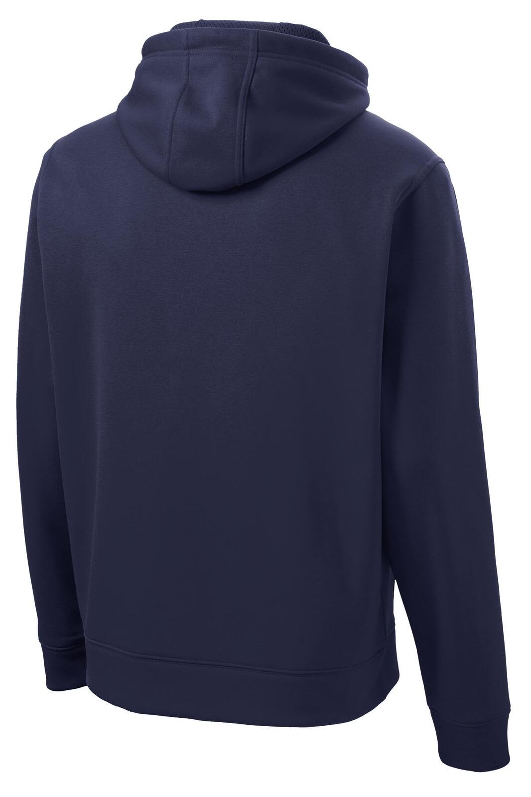 A navy hooded pullover with a back view, featuring a simple design and a logo.