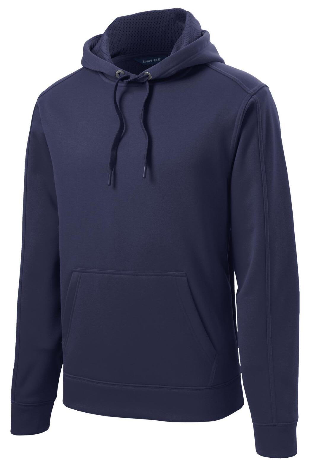 A navy blue hooded pullover made from fleece with a front pocket and a logo on the chest.