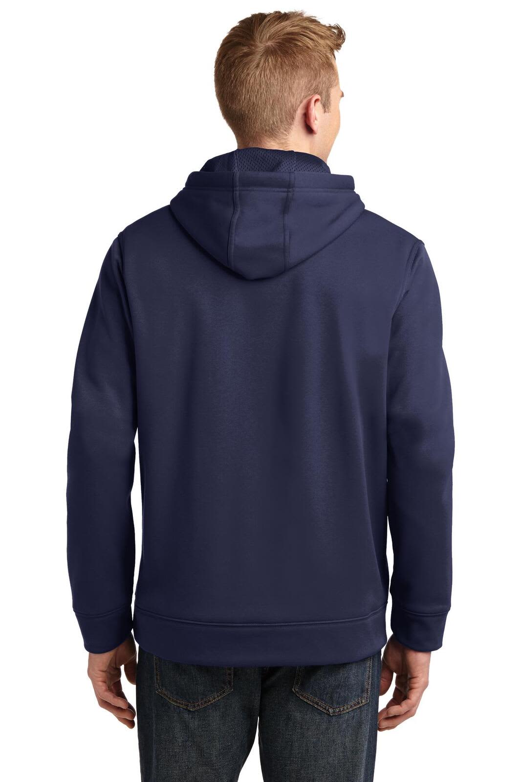 A navy hooded pullover with a back view, featuring a logo and a snug fit. Ideal for casual wear.