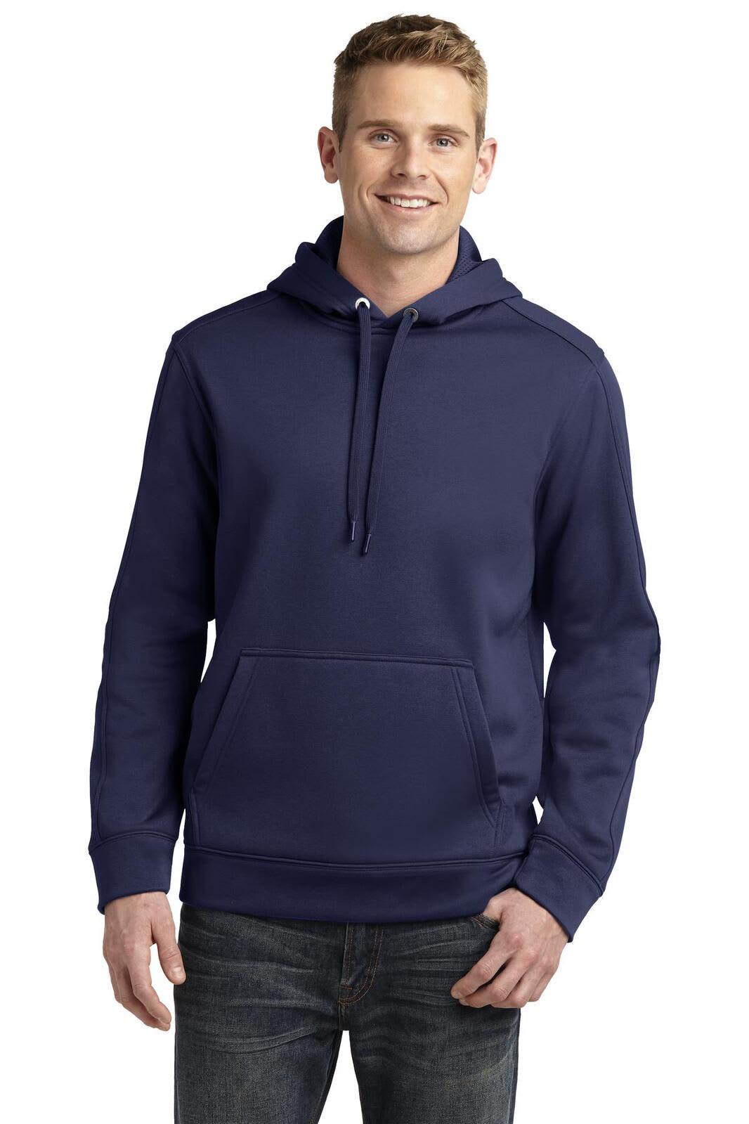 A navy blue Sport-Tek Repel Fleece Hooded Pullover with a front pocket and drawstring hood, featuring a branding logo.