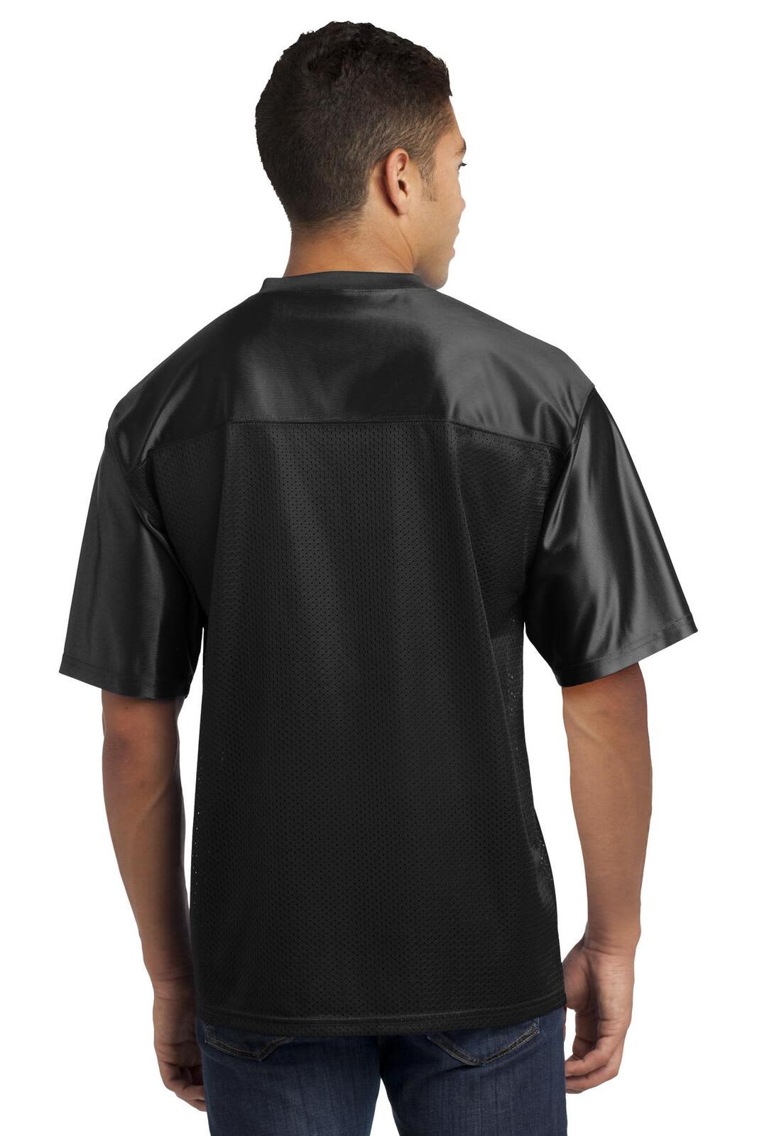 A black sports jersey made from shiny material, with short sleeves and a crew neck, featuring a logo.