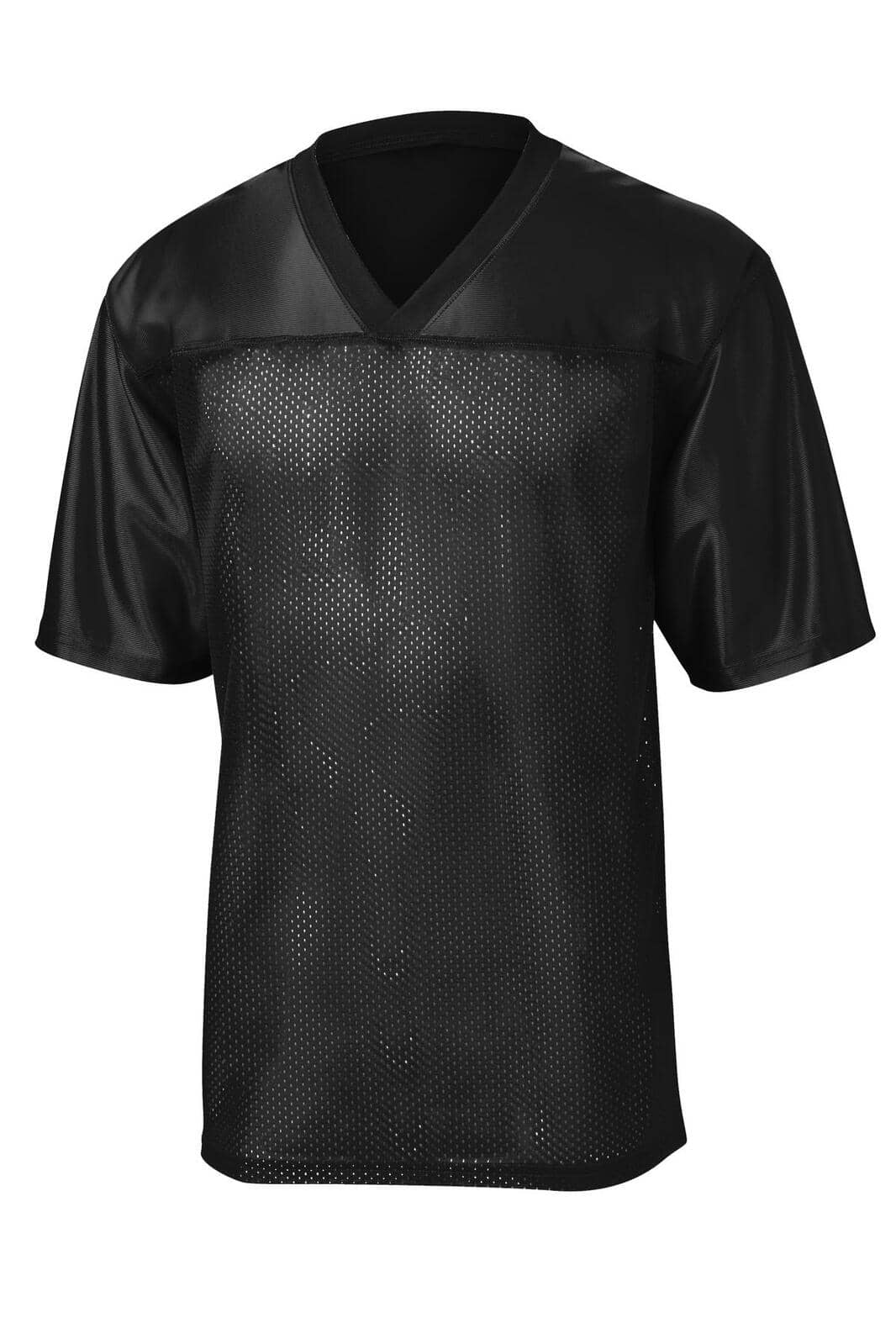 A black sports jersey featuring a v-neck design and mesh fabric with a logo.