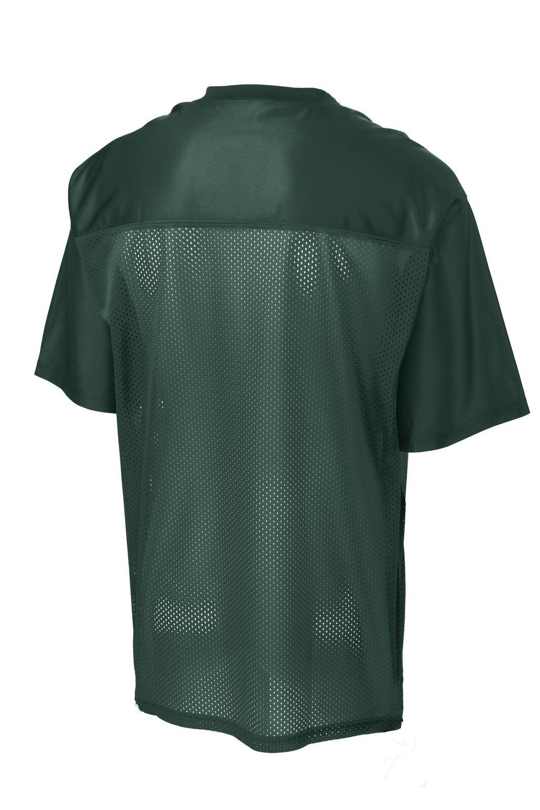 A green sports jersey made from mesh fabric, featuring short sleeves and a back view with ventilation.