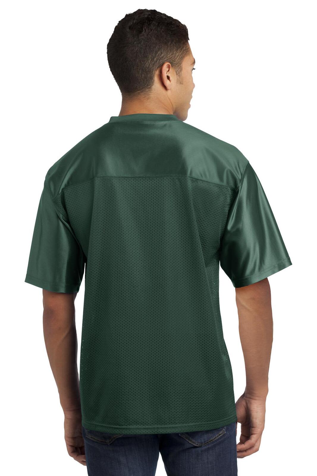 A green sports jersey with a loose fit, featuring a logo on the back. Suitable for athletic wear.