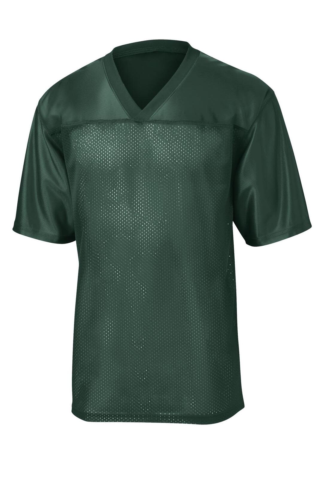 A green mesh sports jersey with a v-neck and short sleeves, featuring a logo on the front.