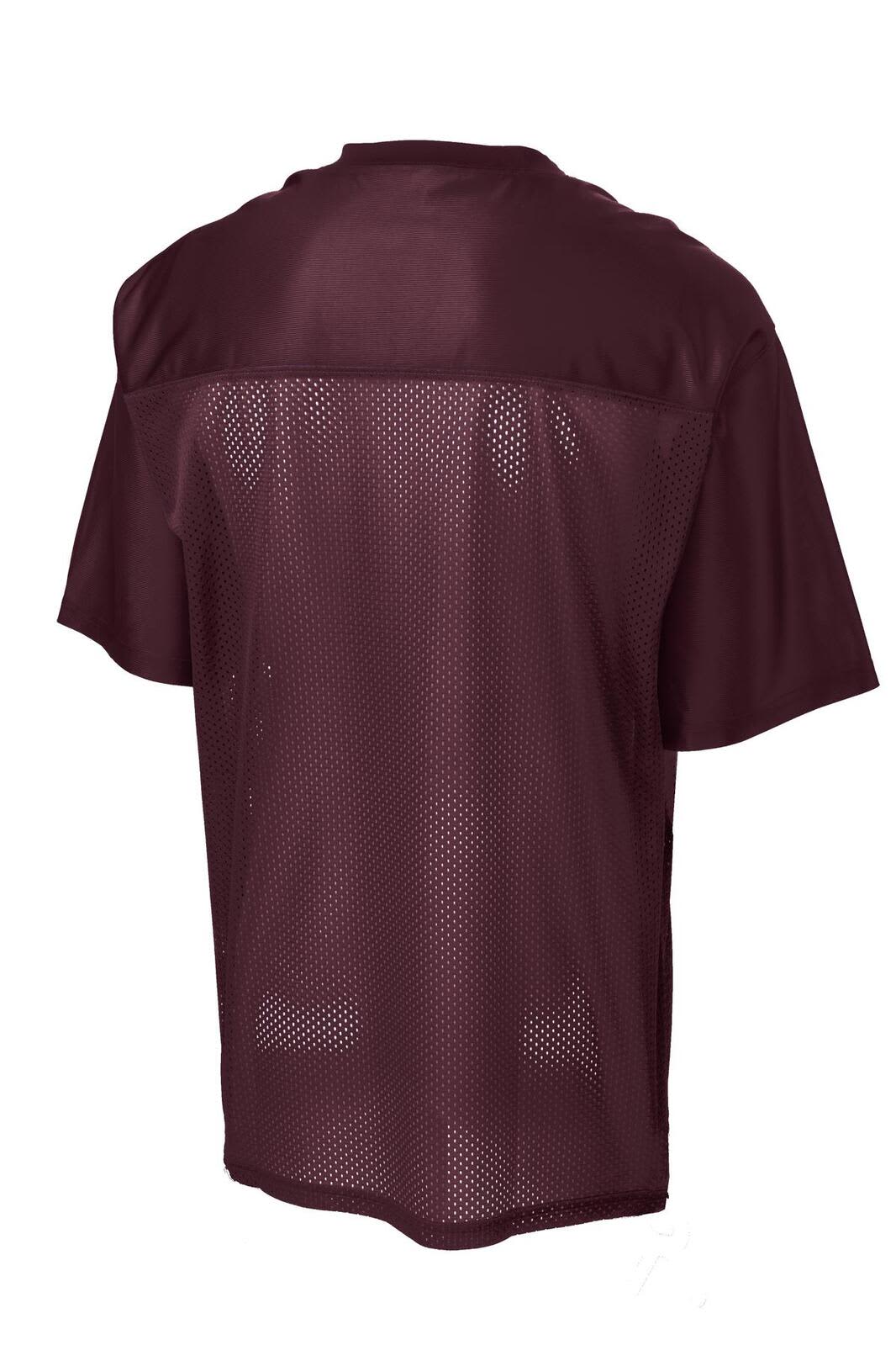 A maroon sports jersey with a mesh back and a logo, designed for athletic wear.
