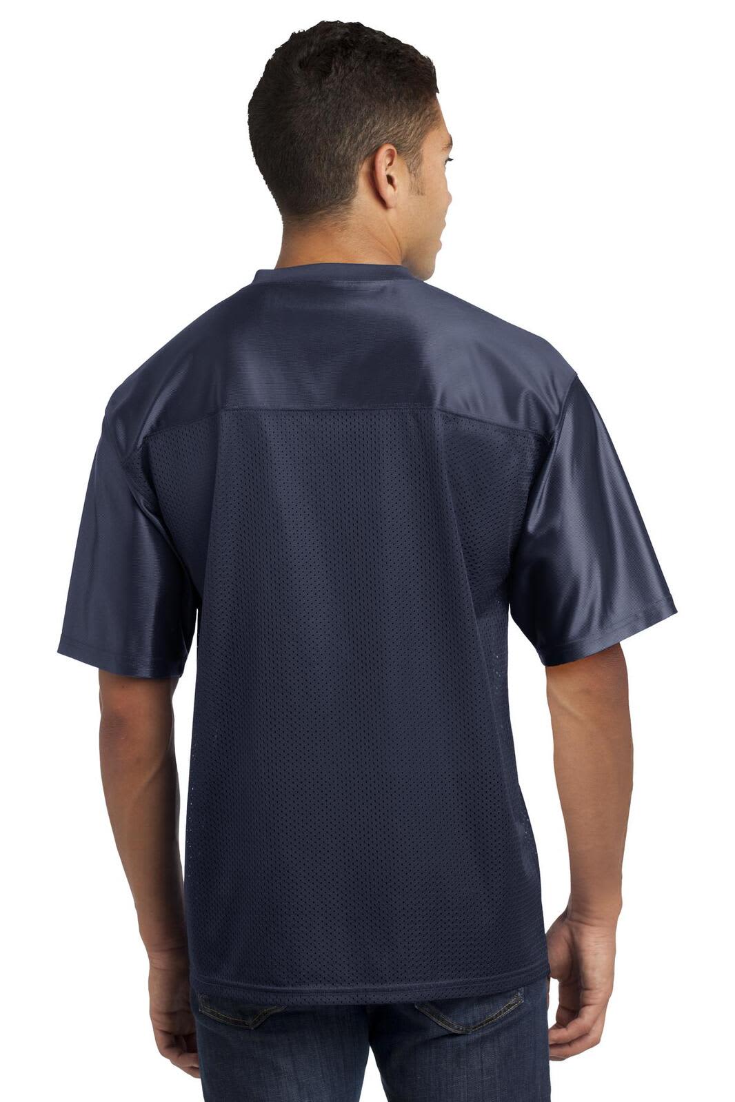 A navy blue sports jersey with short sleeves, featuring a logo on the back.