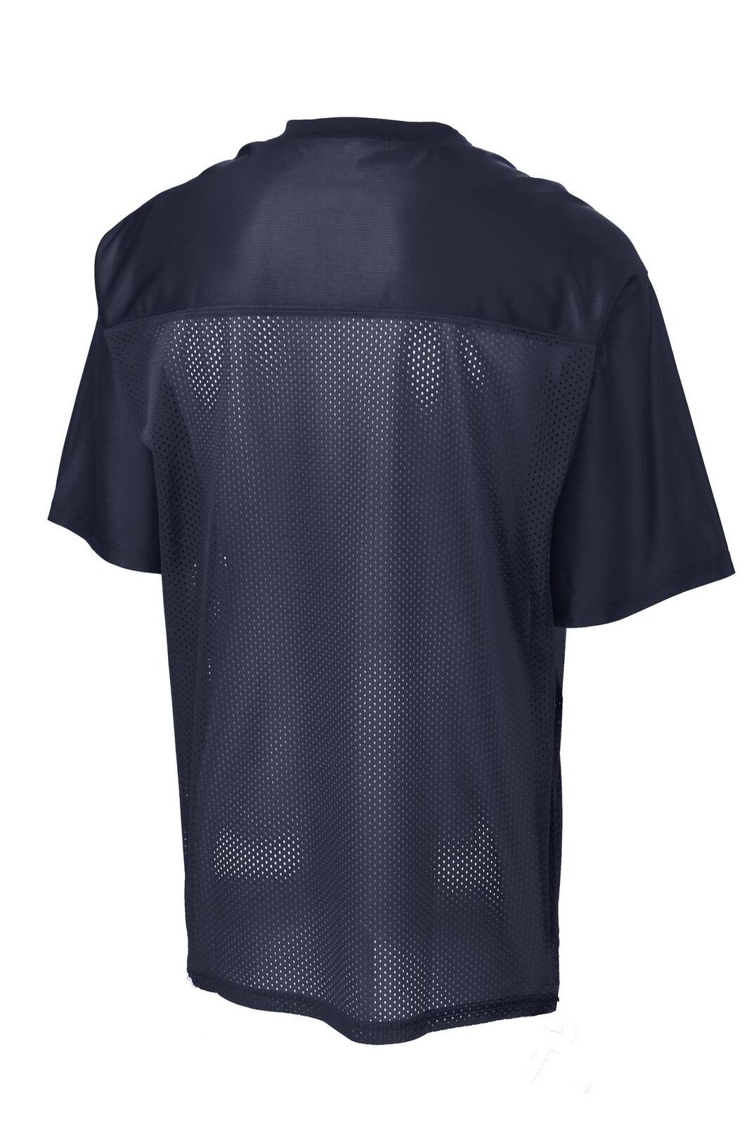 A navy blue sports jersey featuring a mesh back and a branding logo. Ideal for athletic use.