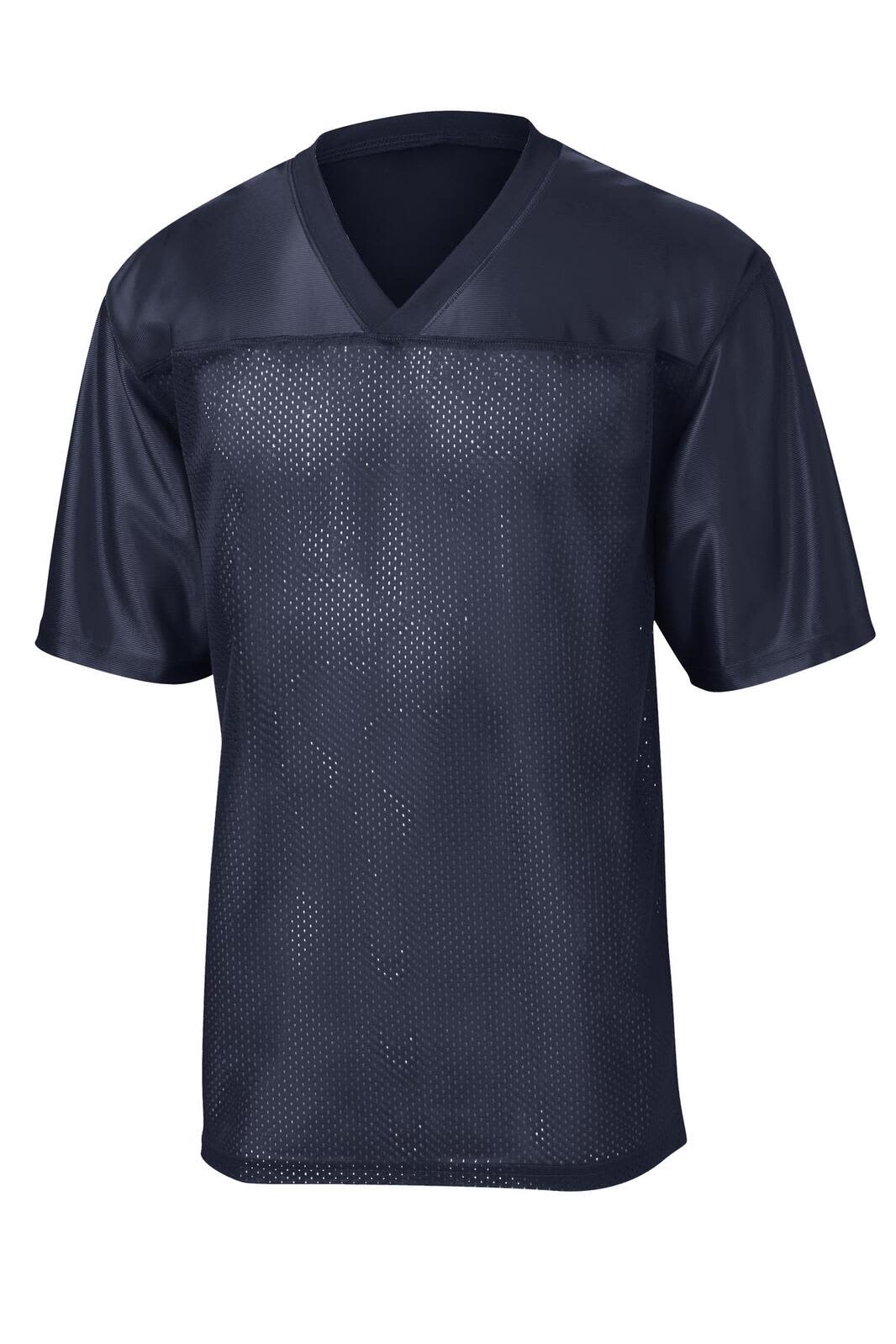 A navy blue replica jersey featuring a V-neck and mesh fabric, with a logo on the front.
