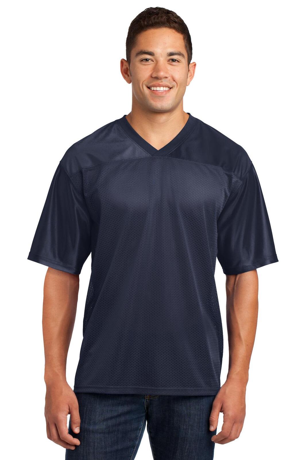 A navy sports jersey with short sleeves and a v-neck design, featuring a logo on the upper left side.