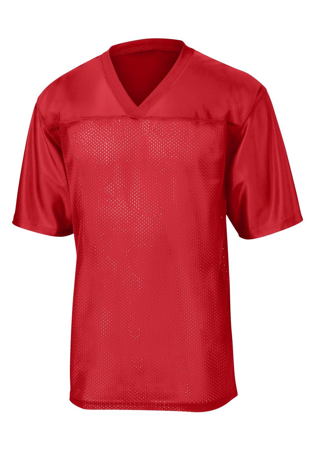A red mesh sports jersey with short sleeves and a V-neck design. It features a logo on the front.