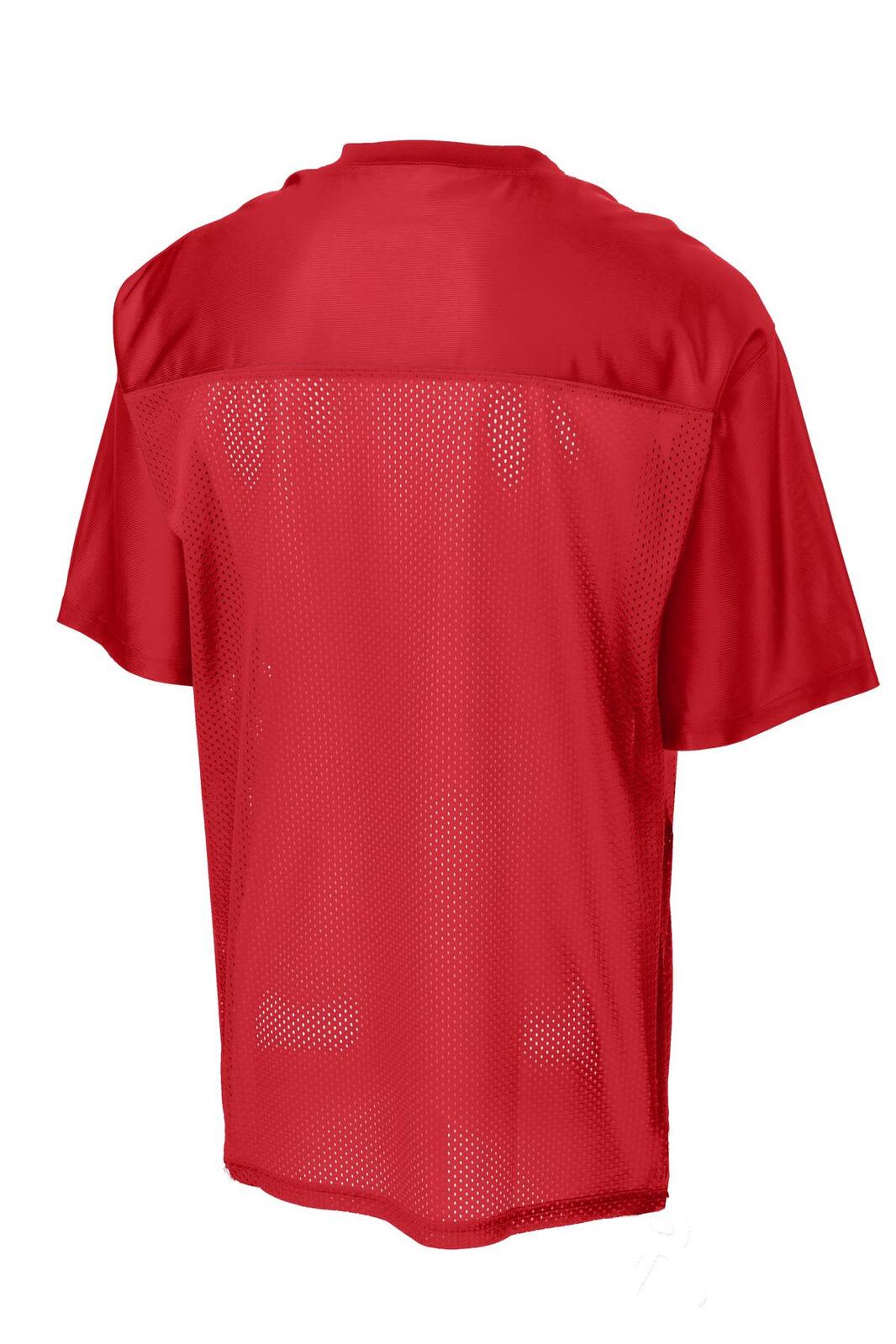 A red sports jersey with a mesh back design and a logo on it. Ideal for athletic wear.