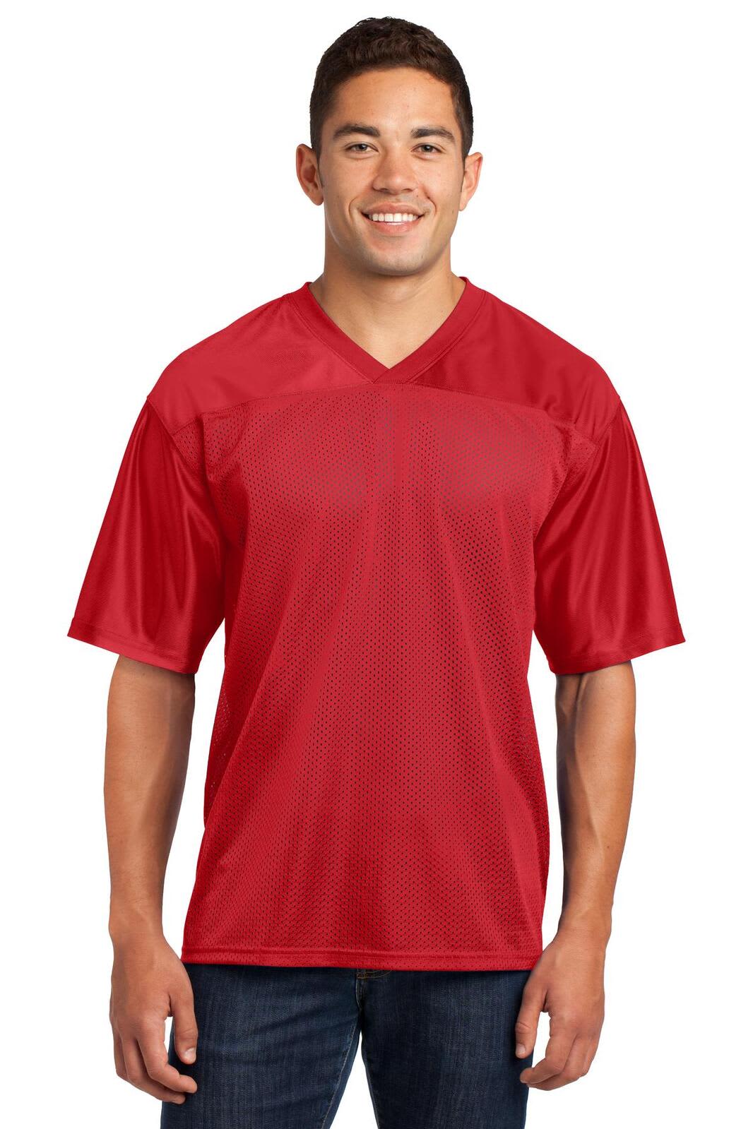 A red sports jersey with short sleeves, featuring a v-neck design and a logo on the front.