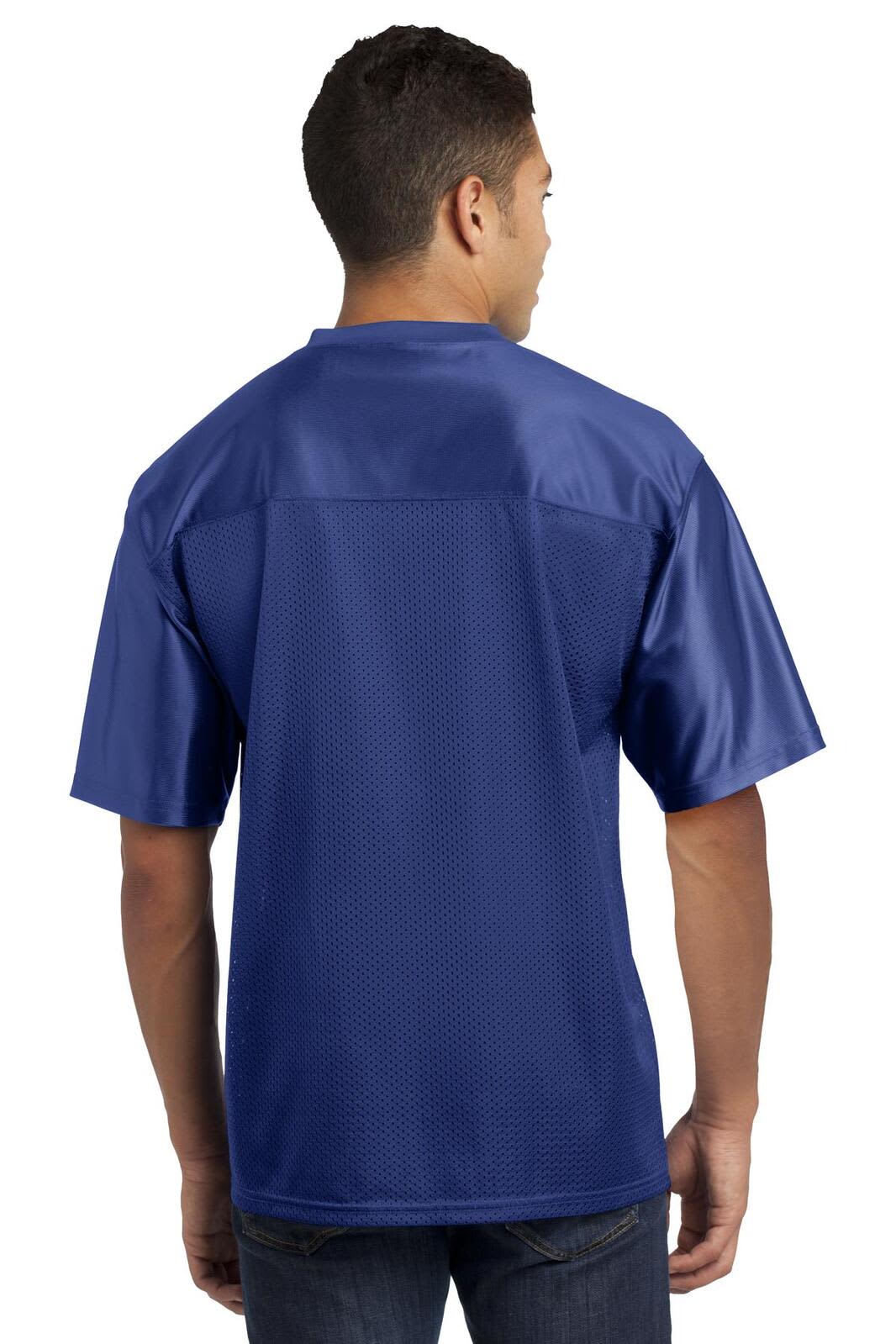 A blue sports jersey with a loose fit, featuring a logo on the back.