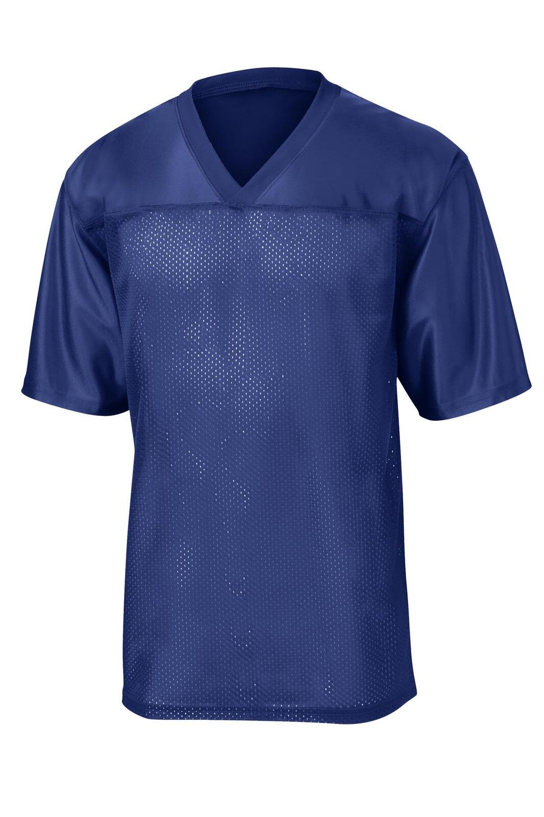 A navy blue sports jersey with a V-neck and perforated design, featuring a logo on the front.
