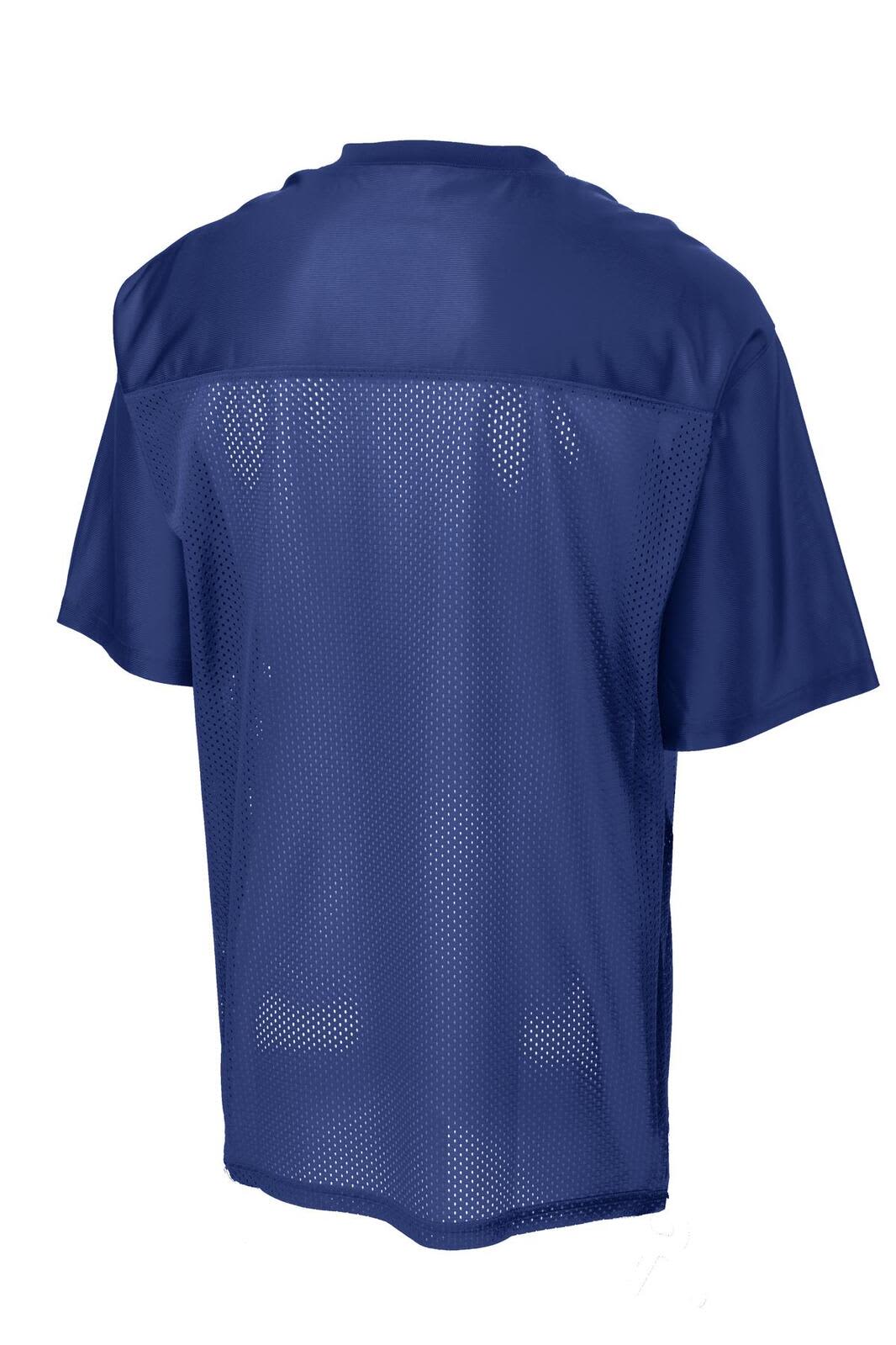A blue sports jersey featuring a mesh back and short sleeves, with a logo present.