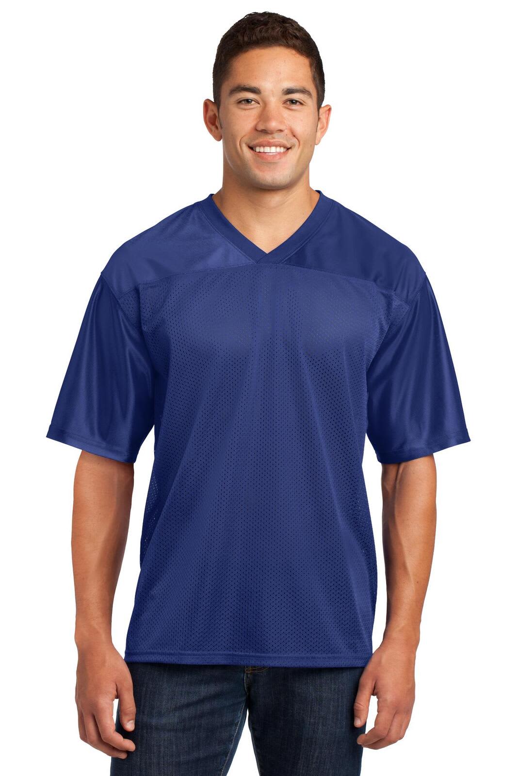 A blue Sport-Tek PosiCharge Replica Jersey featuring a v-neck design and short sleeves, with a logo.