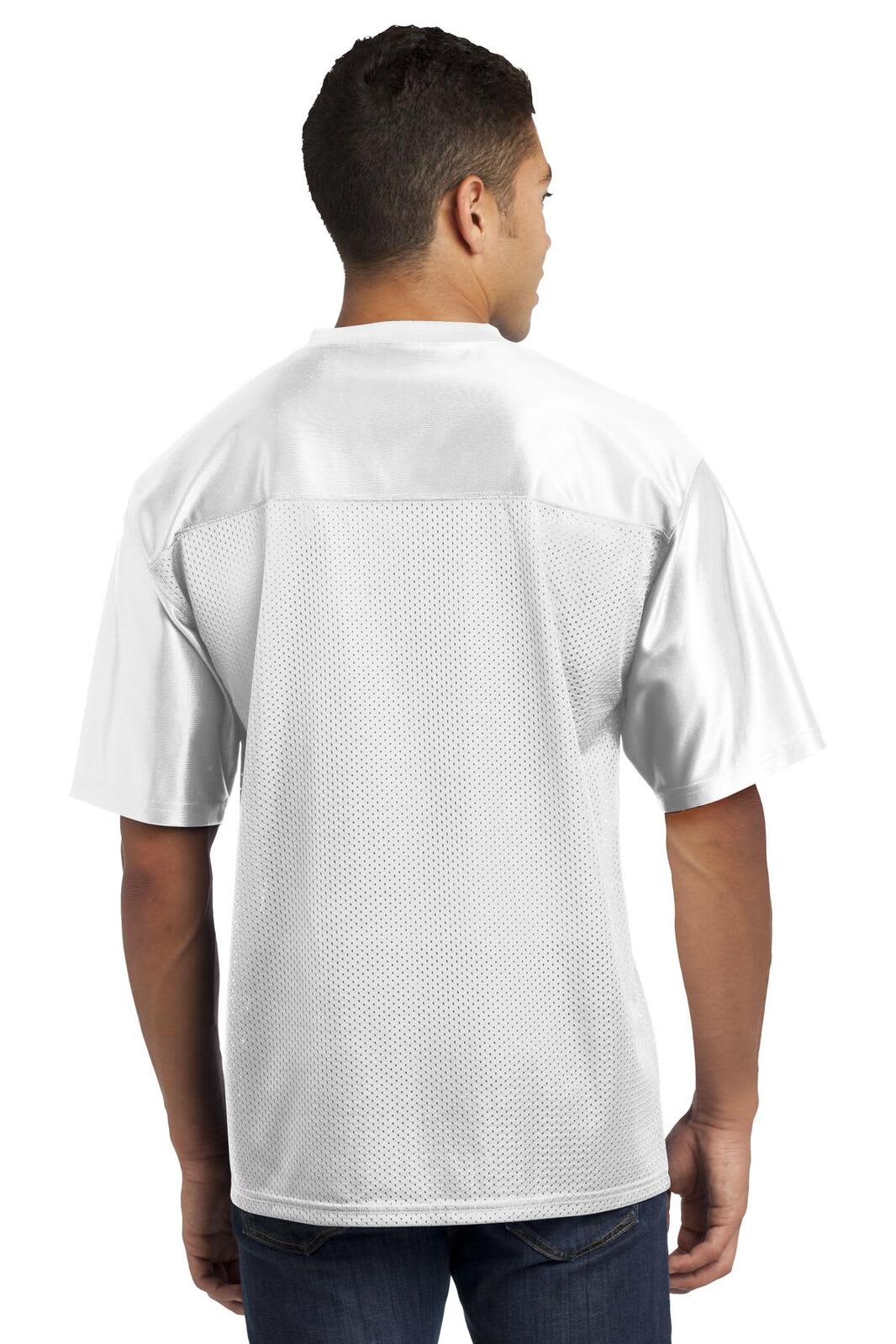 A white sports jersey with a mesh design, featuring a branding logo on the back.