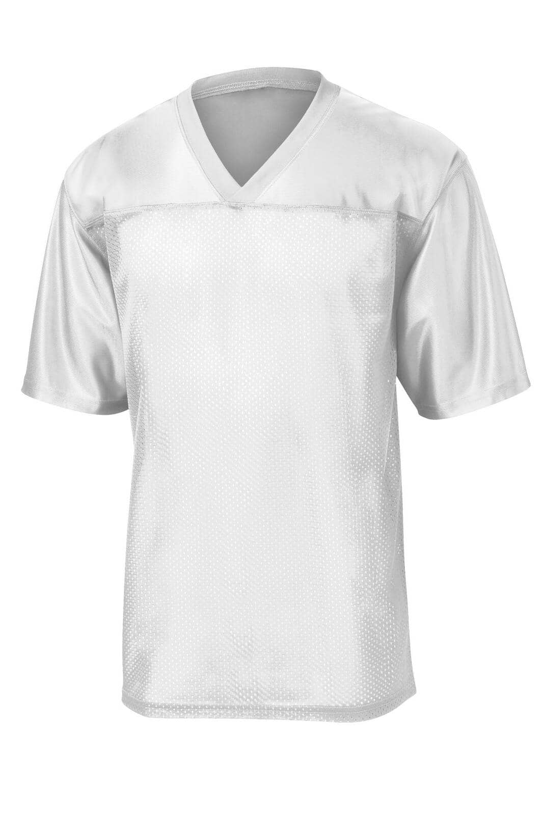 A white sports jersey featuring a v-neck and short sleeves with a mesh design. It has a logo on the front.