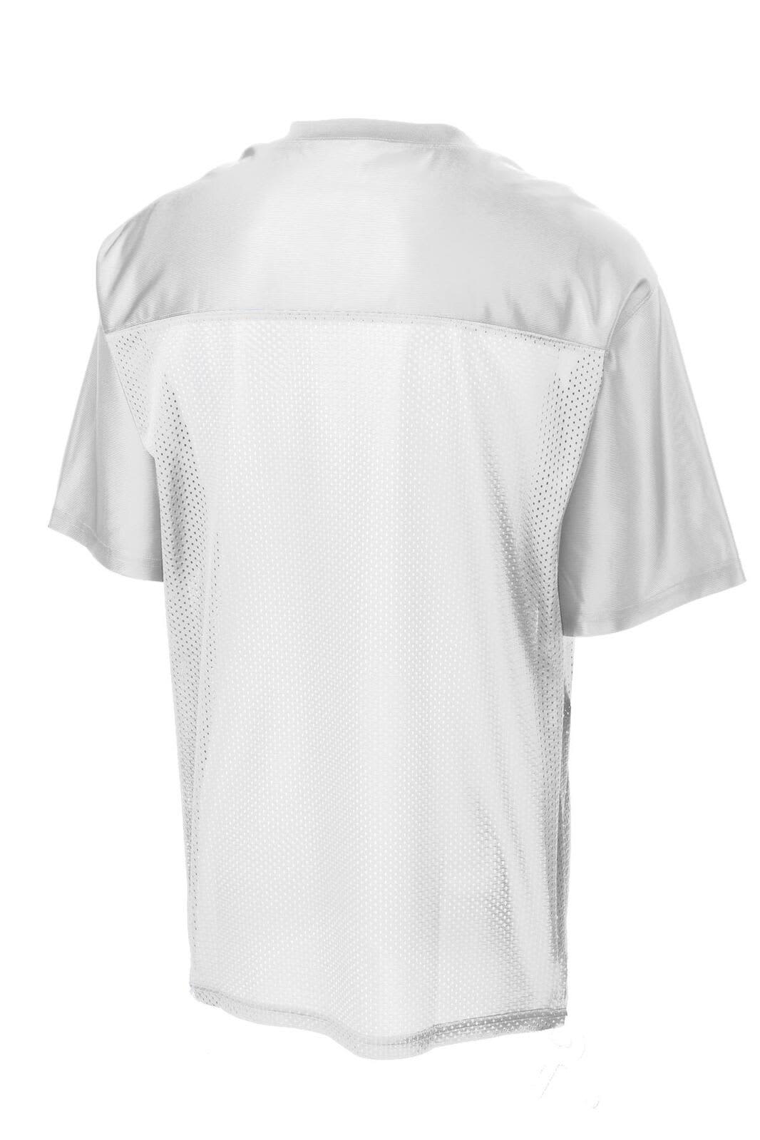 A white sports jersey with a mesh back, featuring a logo. Ideal for team uniforms and sporting events.