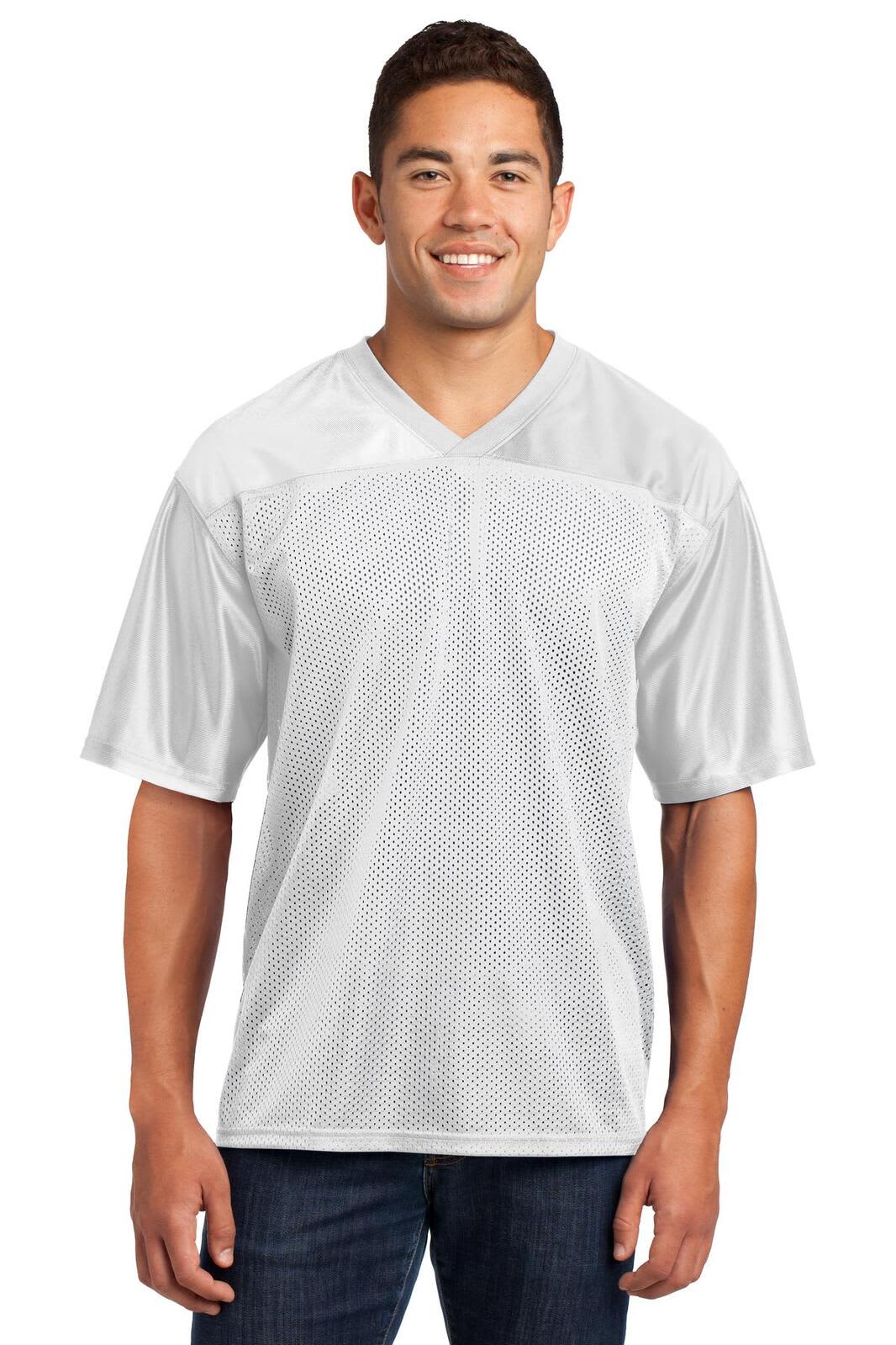 A white short-sleeve mesh jersey featuring a V-neck design and a logo on the front.