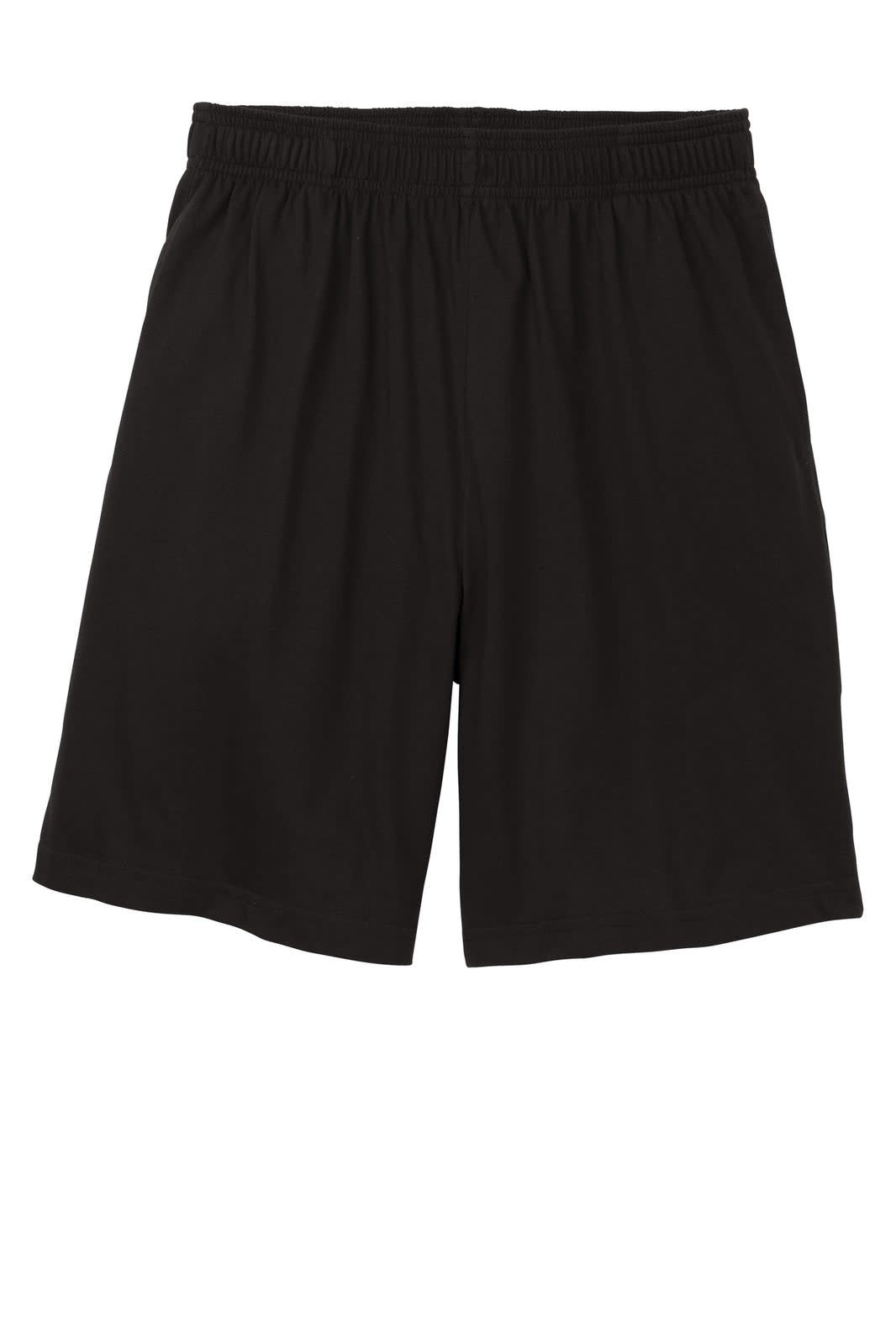 A pair of black sports shorts featuring an elastic waistband and pockets, with a small logo.