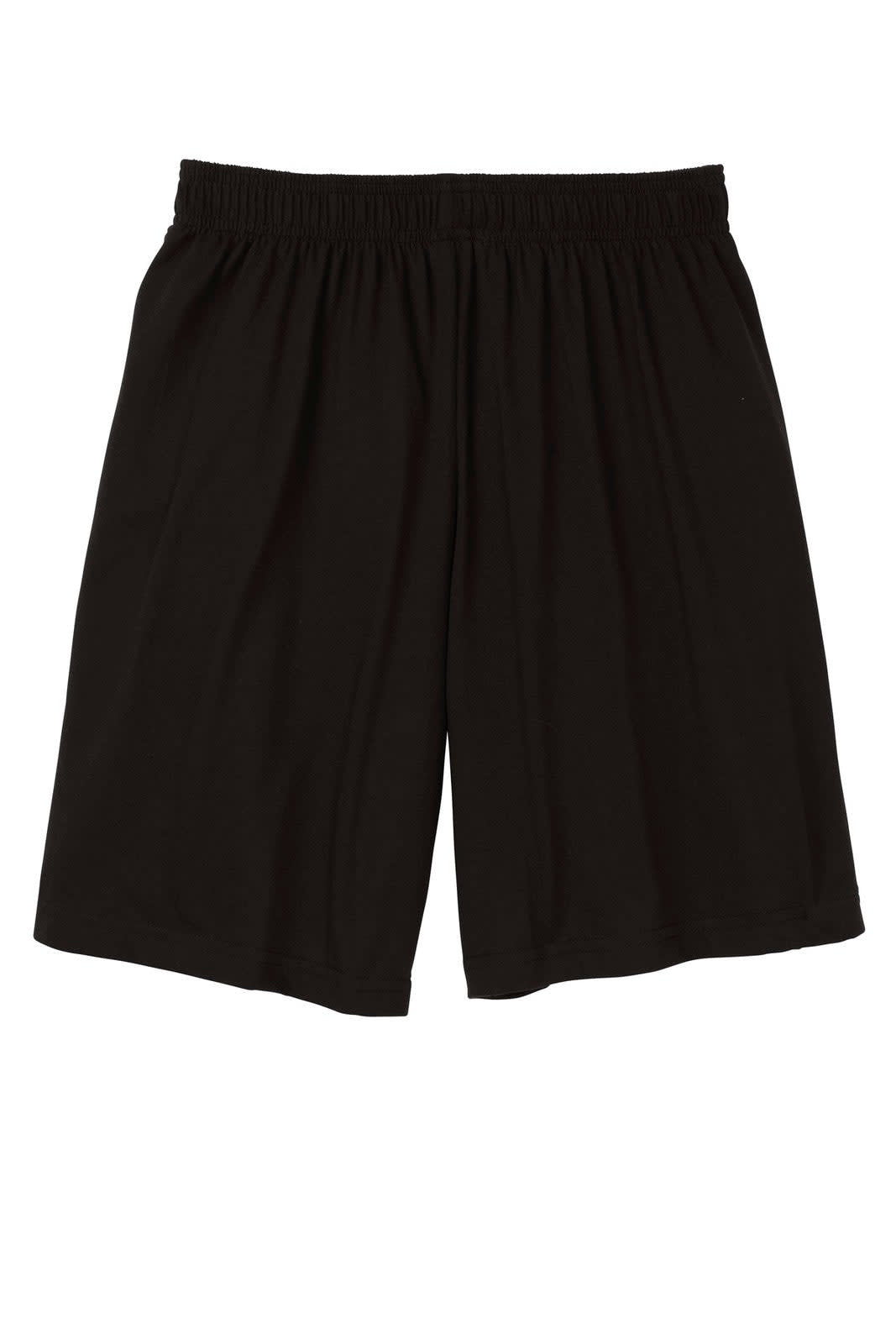 Black Sport-Tek Jersey Knit shorts with pockets, featuring an elastic waistband and a simple design.