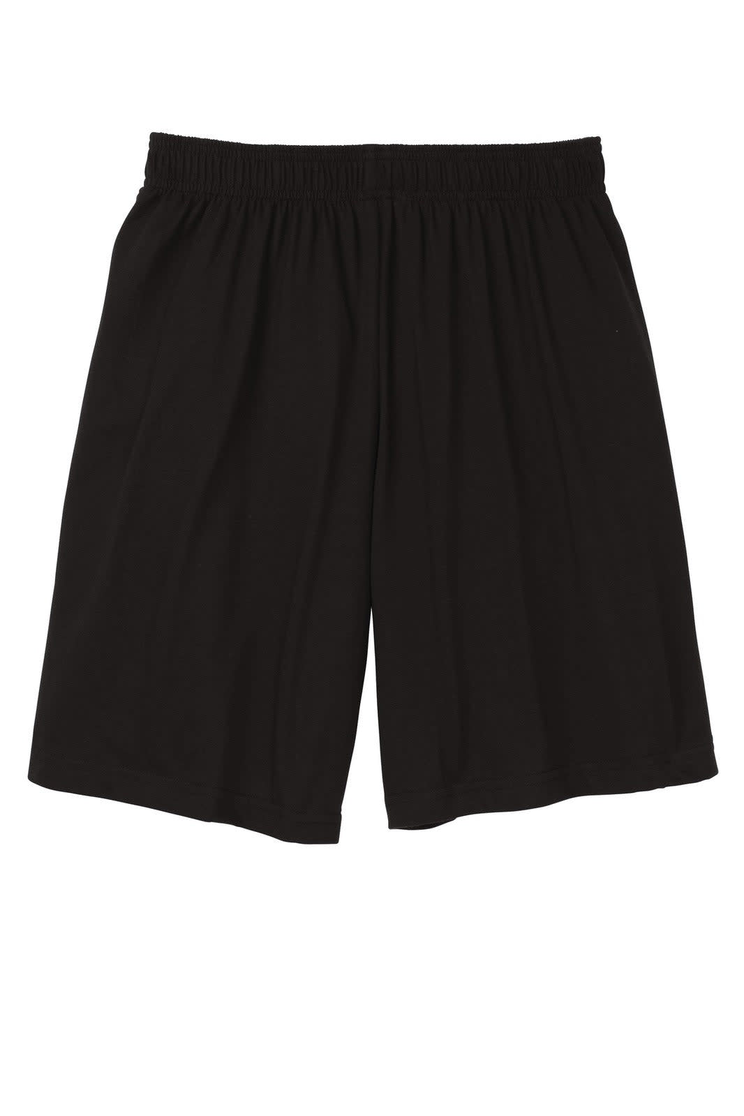 Black jersey knit sports shorts with an elastic waistband and side pockets, featuring a logo.