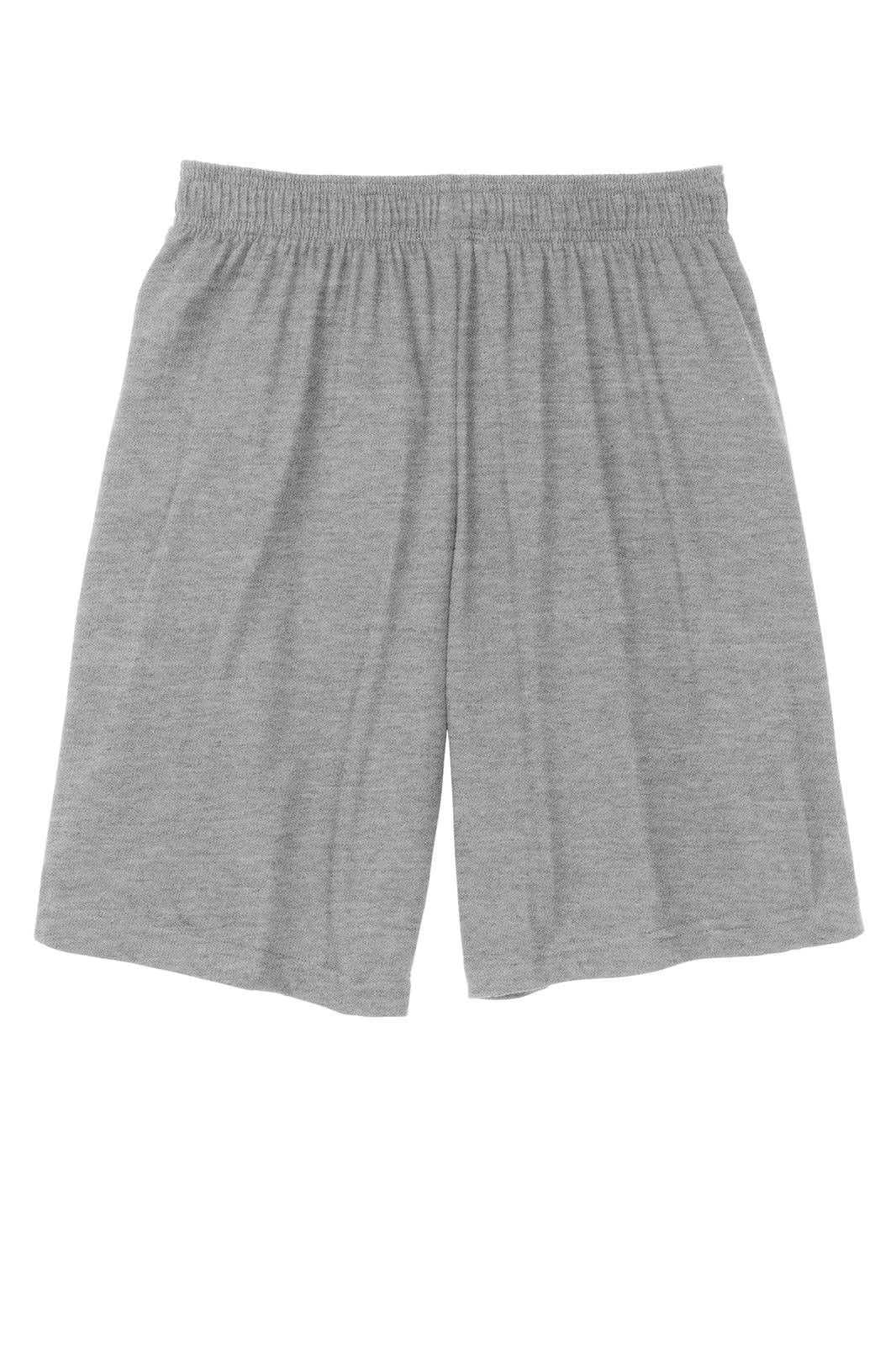 A pair of grey Jersey Knit shorts with elastic waistband and pockets, designed for sports activities.