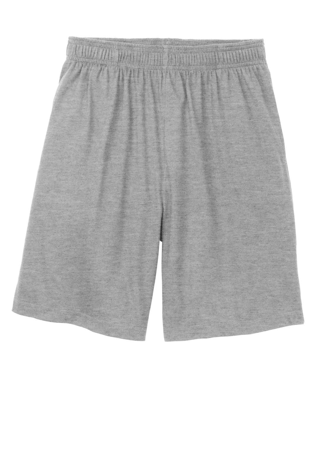 A pair of light grey Jersey Knit shorts featuring pockets and an elastic waistband.