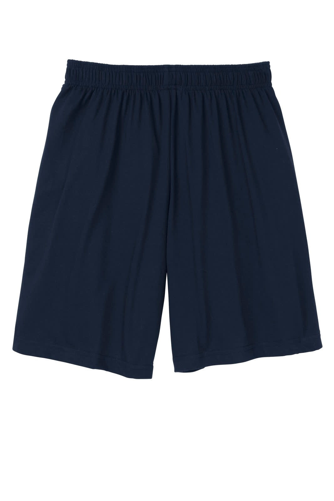 Navy sports shorts with an elastic waistband and pockets, featuring a logo.