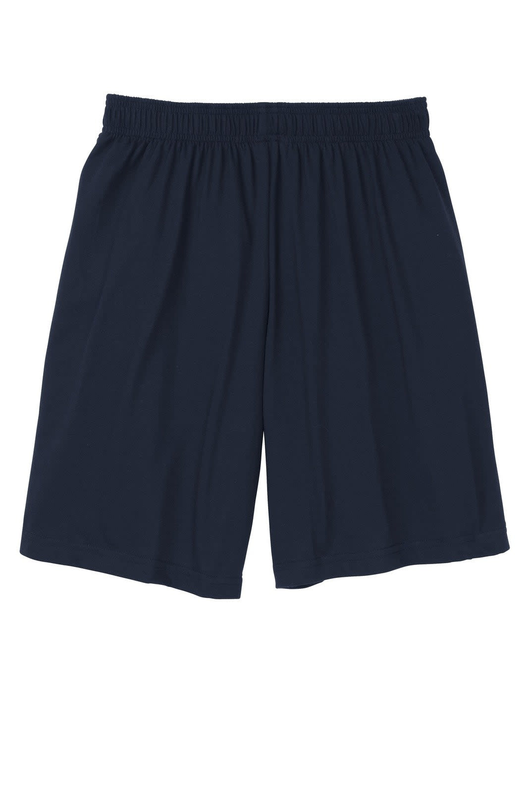 Navy sports shorts with an elastic waistband and pockets, featuring a simple design and a logo.