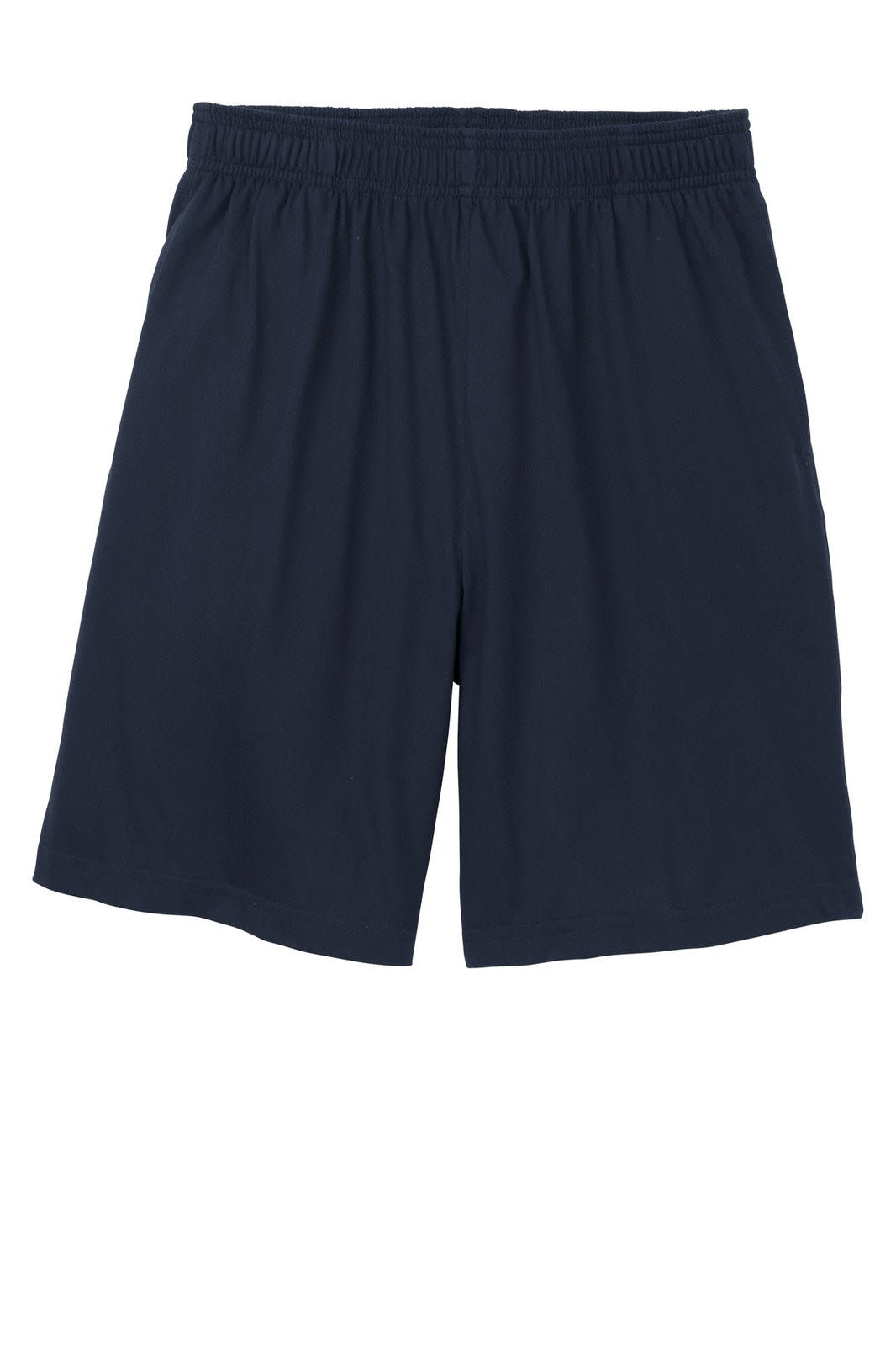 Navy sports shorts with an elastic waistband and pockets, featuring a simple design and a logo.