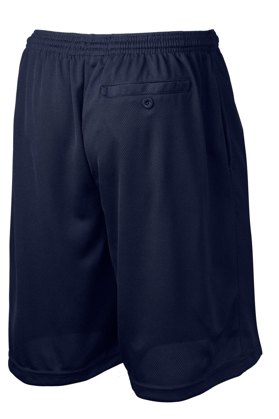 Navy sports shorts with a pocket and elastic waistband, featuring a logo on the back.